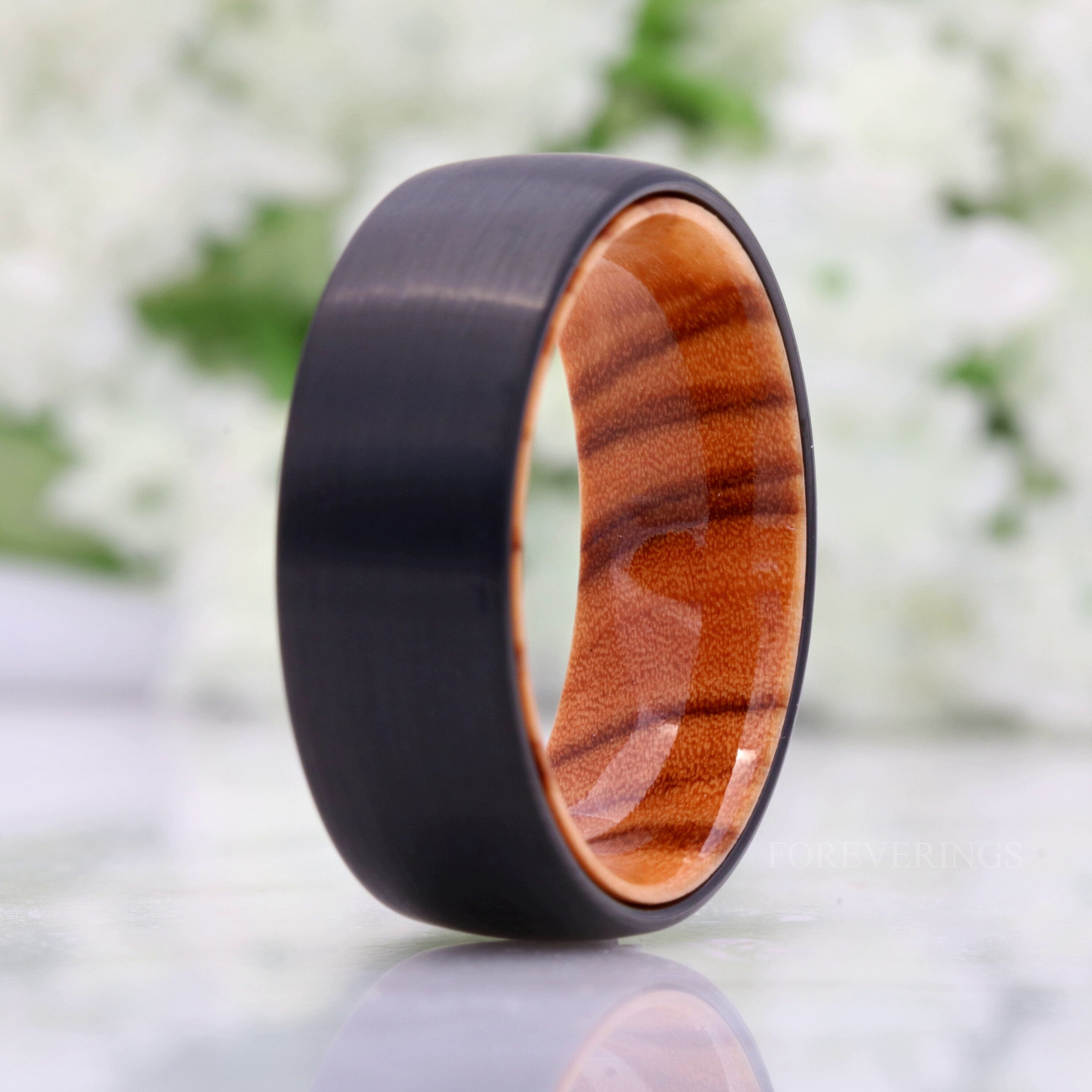 Olive Wood and Tungsten Ring, 8mm Black Ring, Simple Dome and Matte-Brush, Comfort Fit, Birthday Anniversary Gift for Him