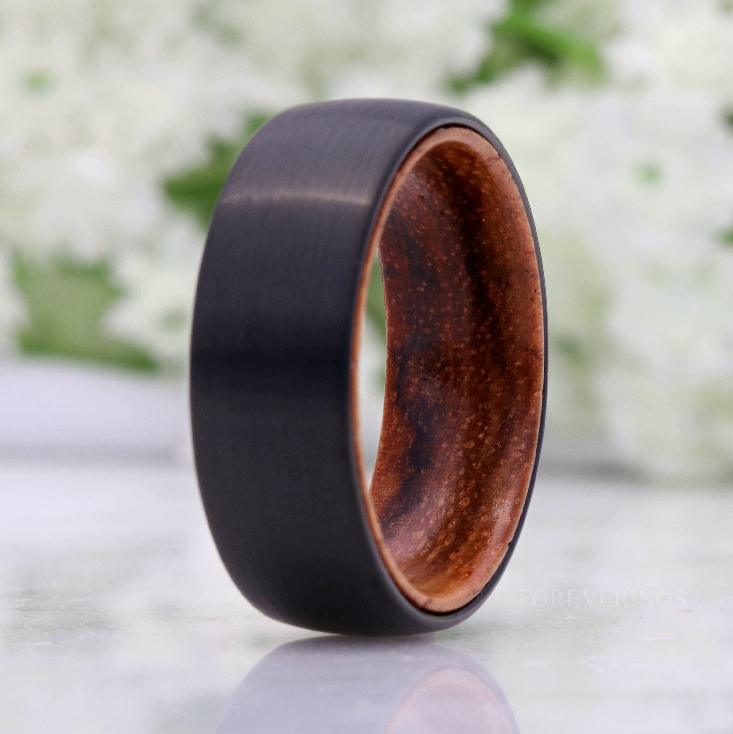 Zebra Wood and Tungsten Ring, 8mm Mens Wedding Band, Matte Brushed, Black Ring, Comfort Fit, Domed, Gift for Him