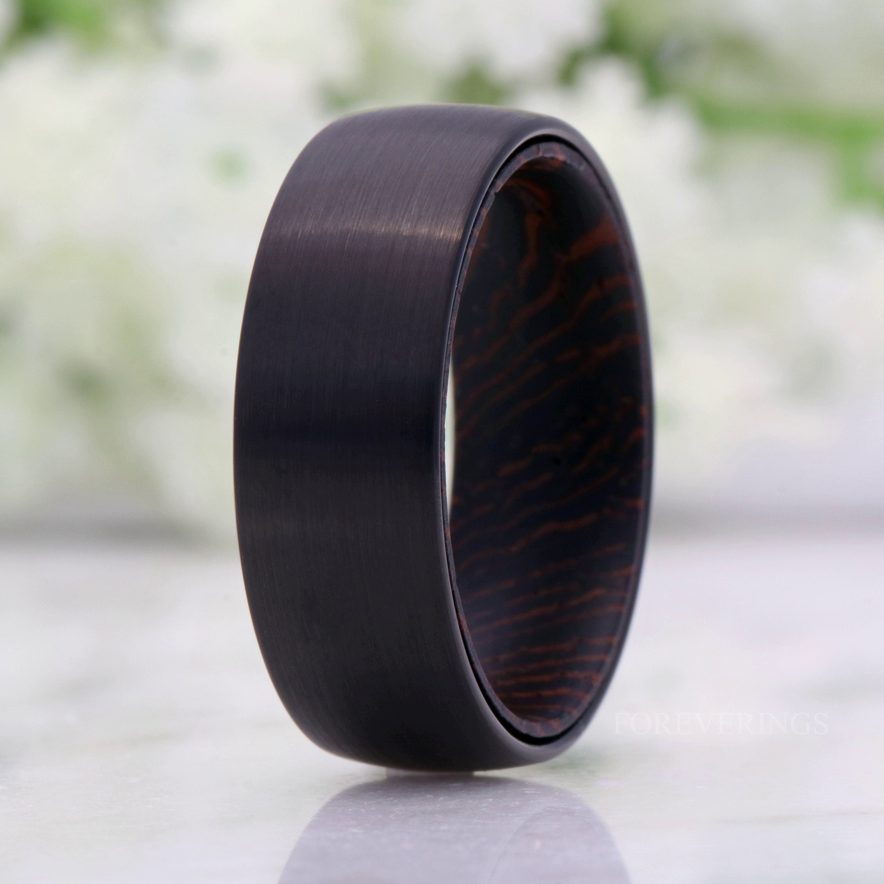 Wenge Wood and Tungsten Ring, Mens Wedding Band, Dark Wood Ring, 8mm Black Band, Matte Brushed, Comfort Fit, Dome, Gift for Him