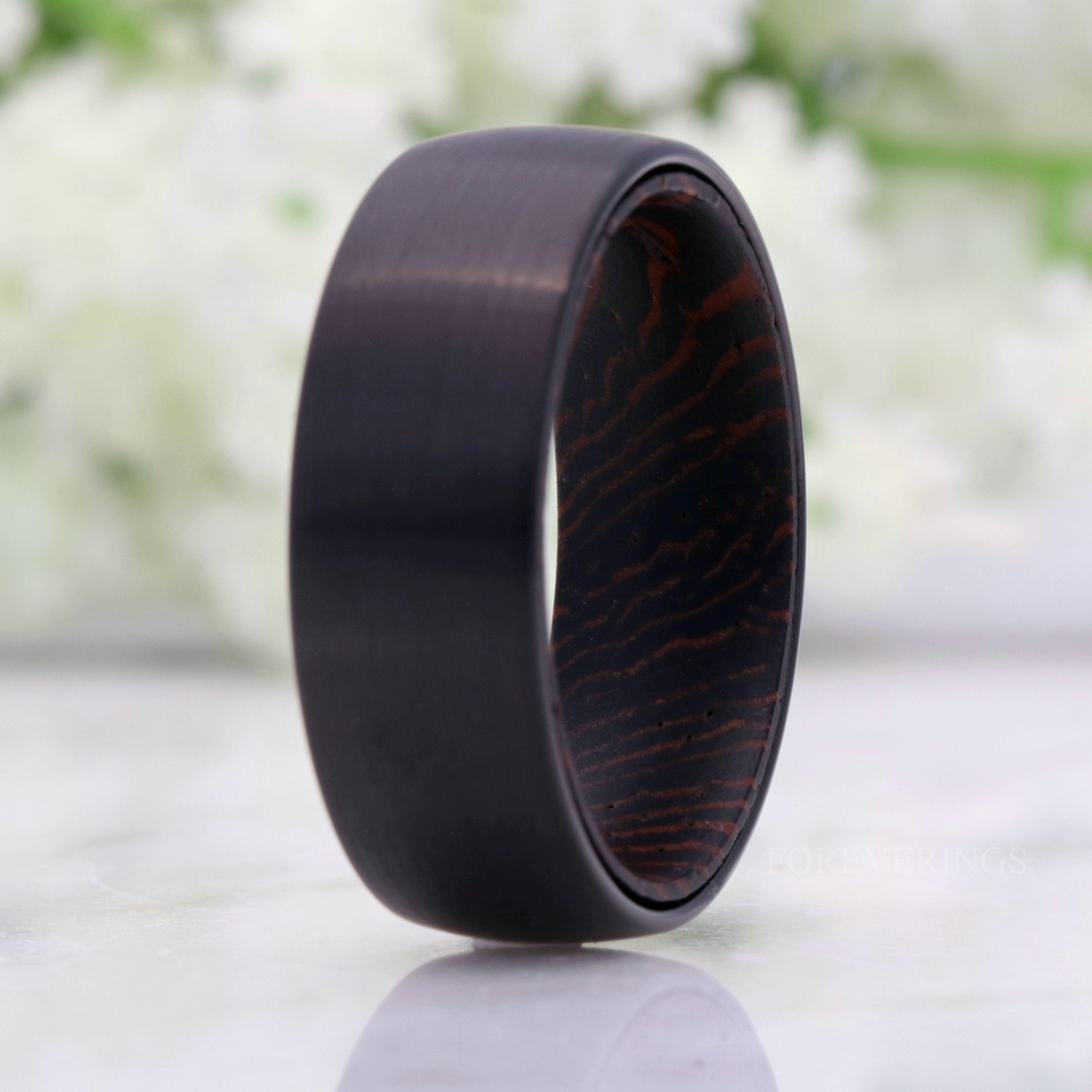 Wenge Wood and Tungsten Ring, Mens Wedding Band, Dark Wood Ring, 8mm Black Band, Matte Brushed, Comfort Fit, Dome, Gift for Him