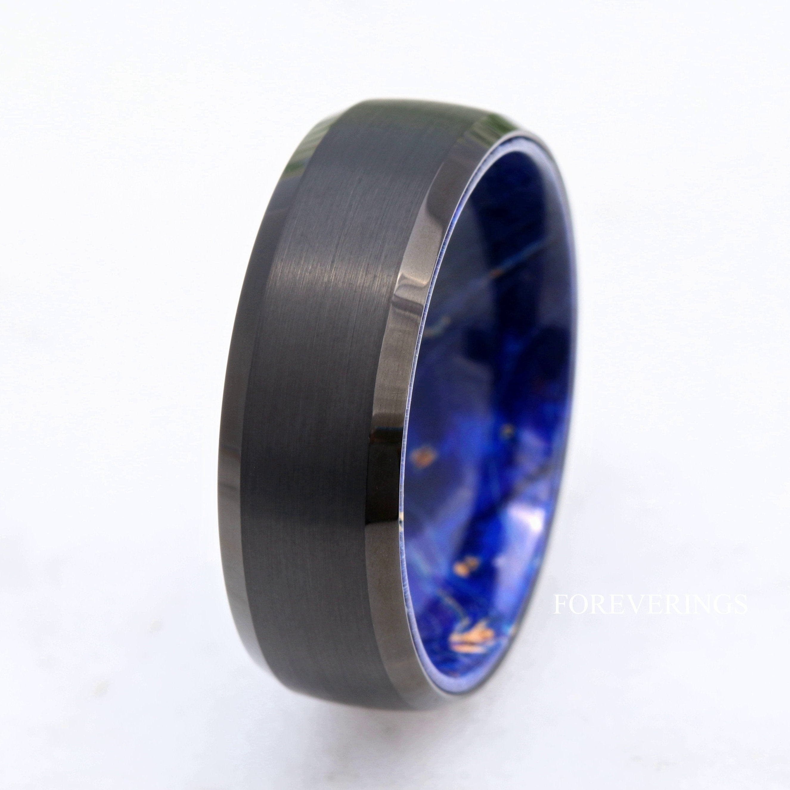 Blue Elder Wood and Tungsten Wedding Band, 8mm Black Ring, Brushed Matte, Dome, Comfort Fit, Beveled Edge, Gift for Him