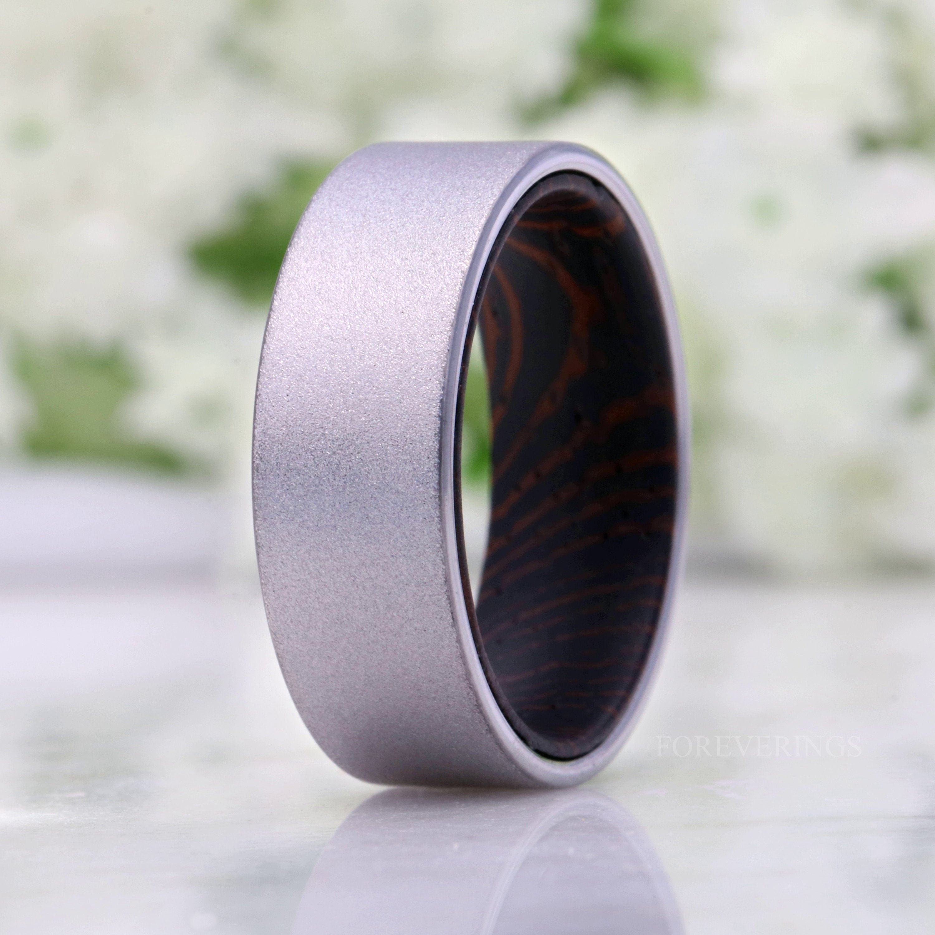 Wenge Wood and Tungsten Ring, Sandblasted, 8mm Silver Band, Dark Wood Ring, Comfort Fit, Flat, Gift for Him