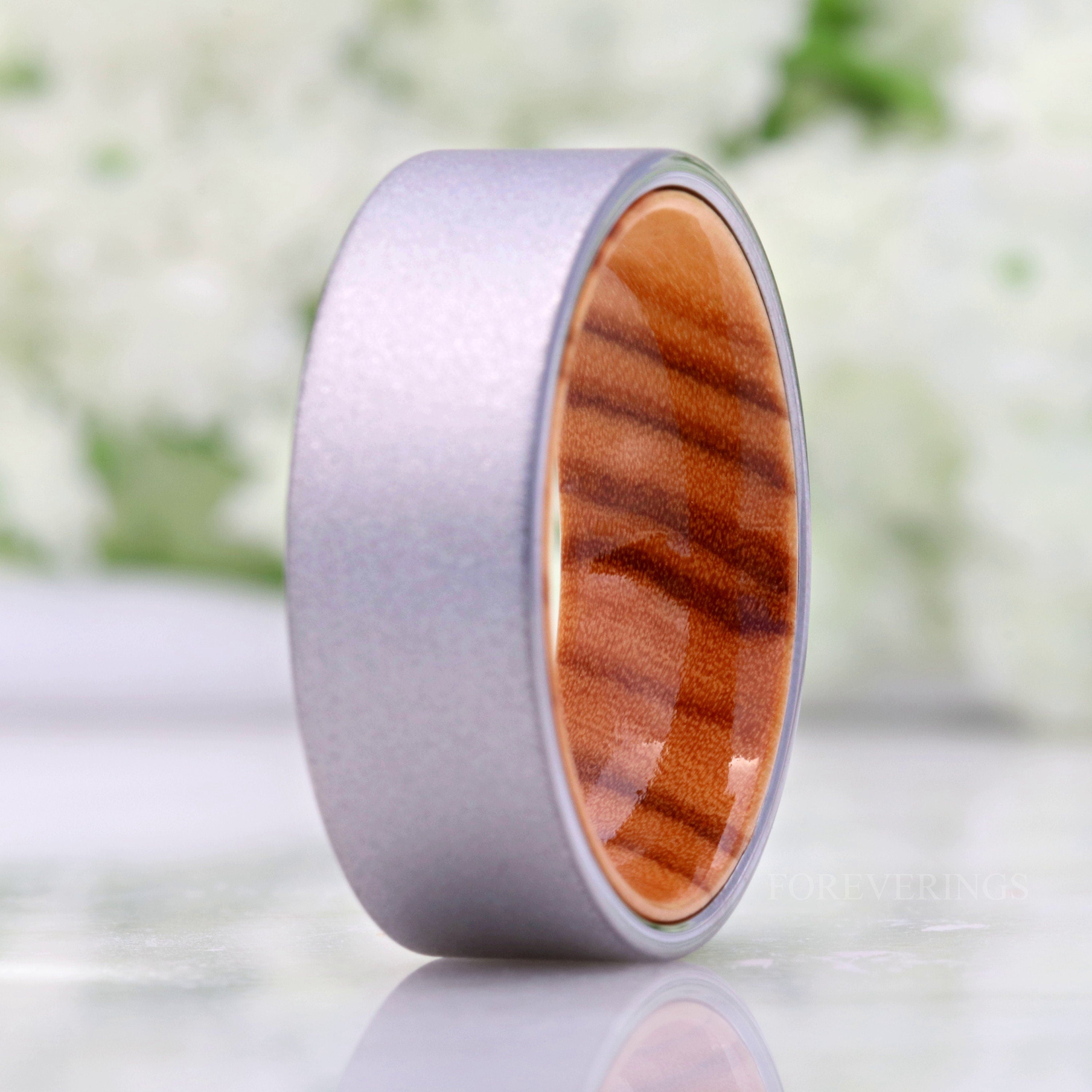 Man Wood Wedding Band, Metal and Wood, Olive Wood, Tungsten Ring, Sandblasted, 8mm Silver Band, Flat, Birthday Anniversary Gift for Him