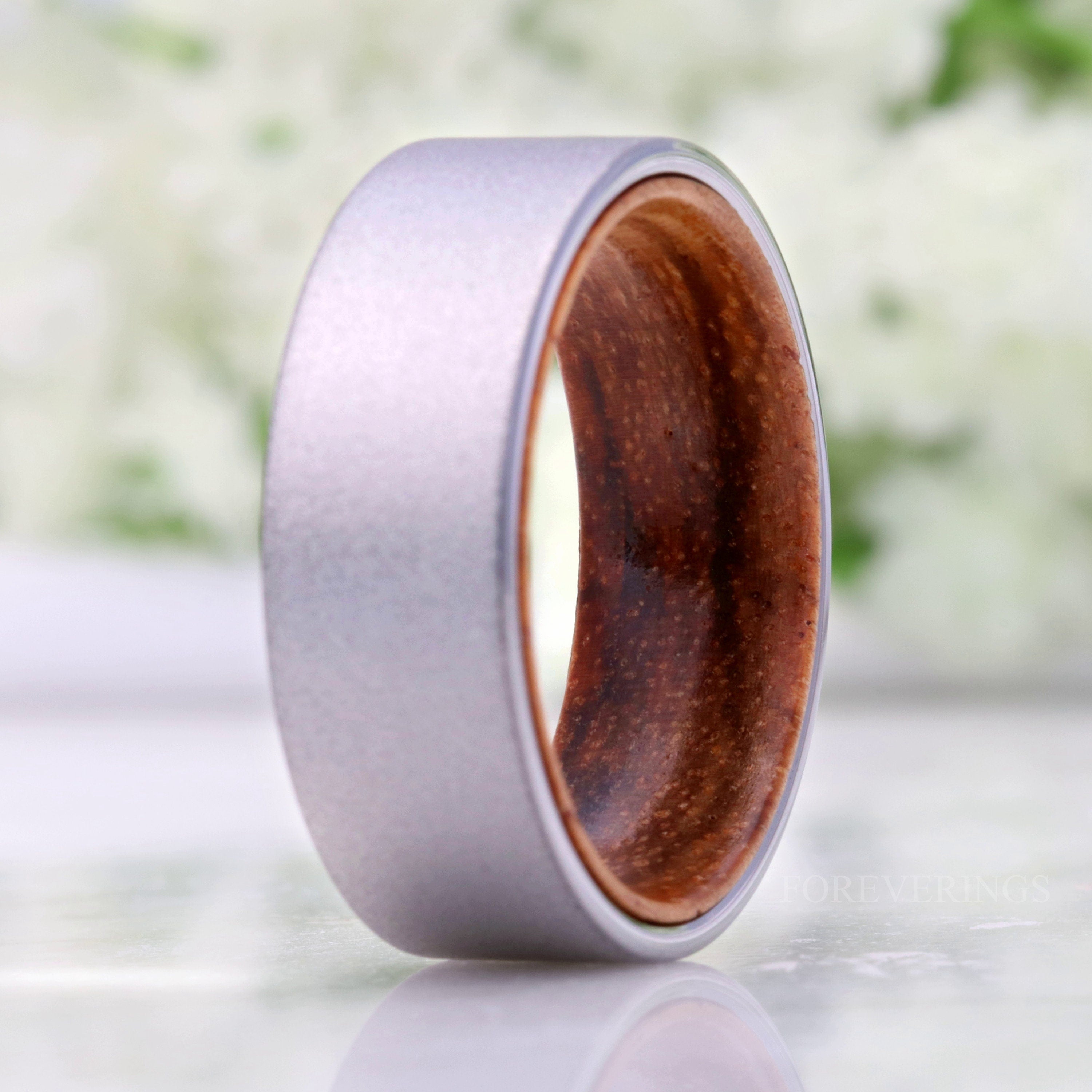 Zebra Wood and Tungsten Ring, Sandblasted, 8mm Silver Band, Comfort Fit, Flat, Metal and Wood, Birthday Anniversary Gift for Him