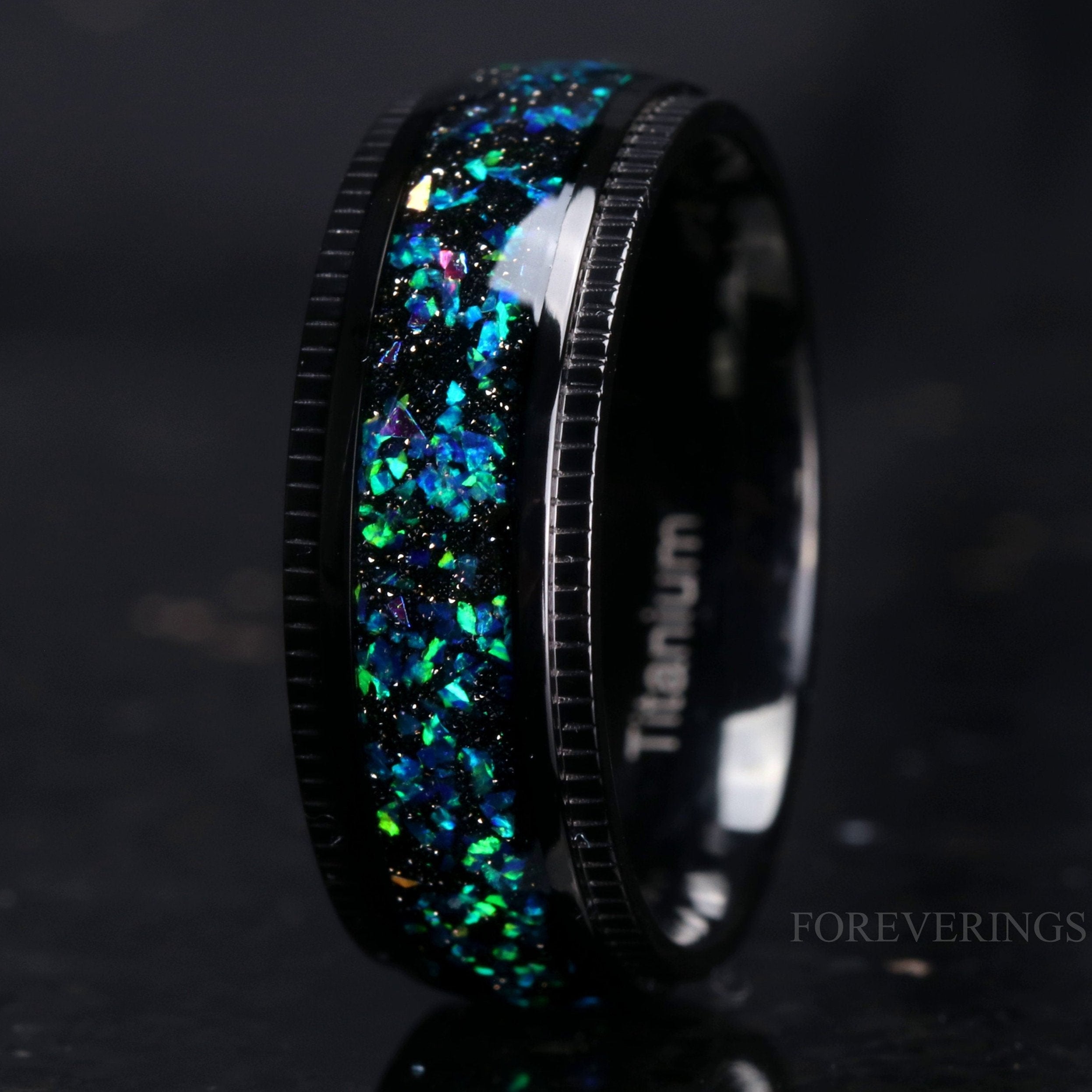 Mens Black Galaxy Opal Ring, Milgrain, Men Titanium Wedding Band, Black, Domed, Polished, Comfort Fit, Birthday Anniversary Gift for Him