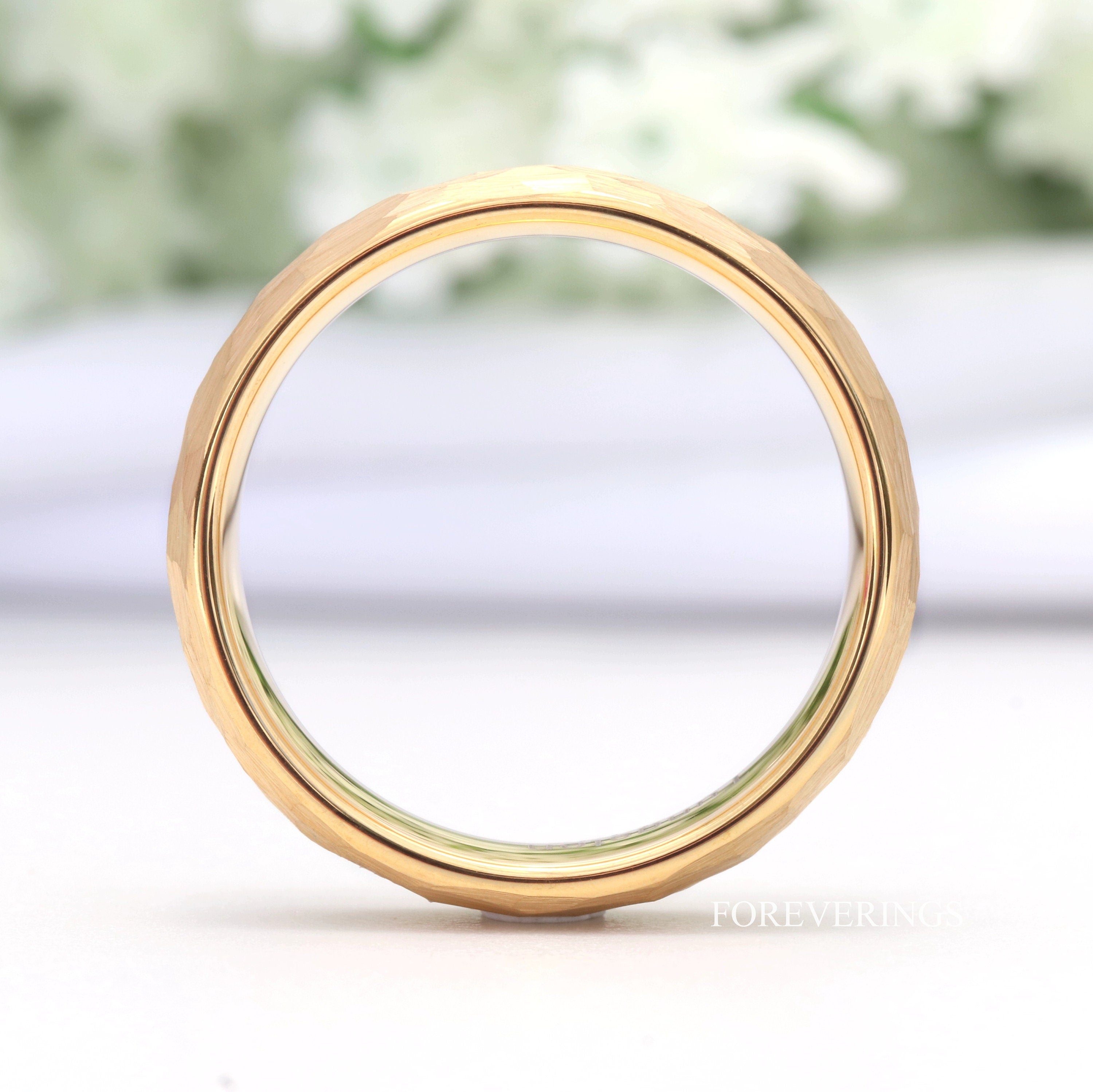 Hammered Gold Wedding Band for Men, 7mm Tungsten Ring, Unique Mens Engagement Ring, Man Anniversary Gift, Brushed Gold Ring, Engraved Ring