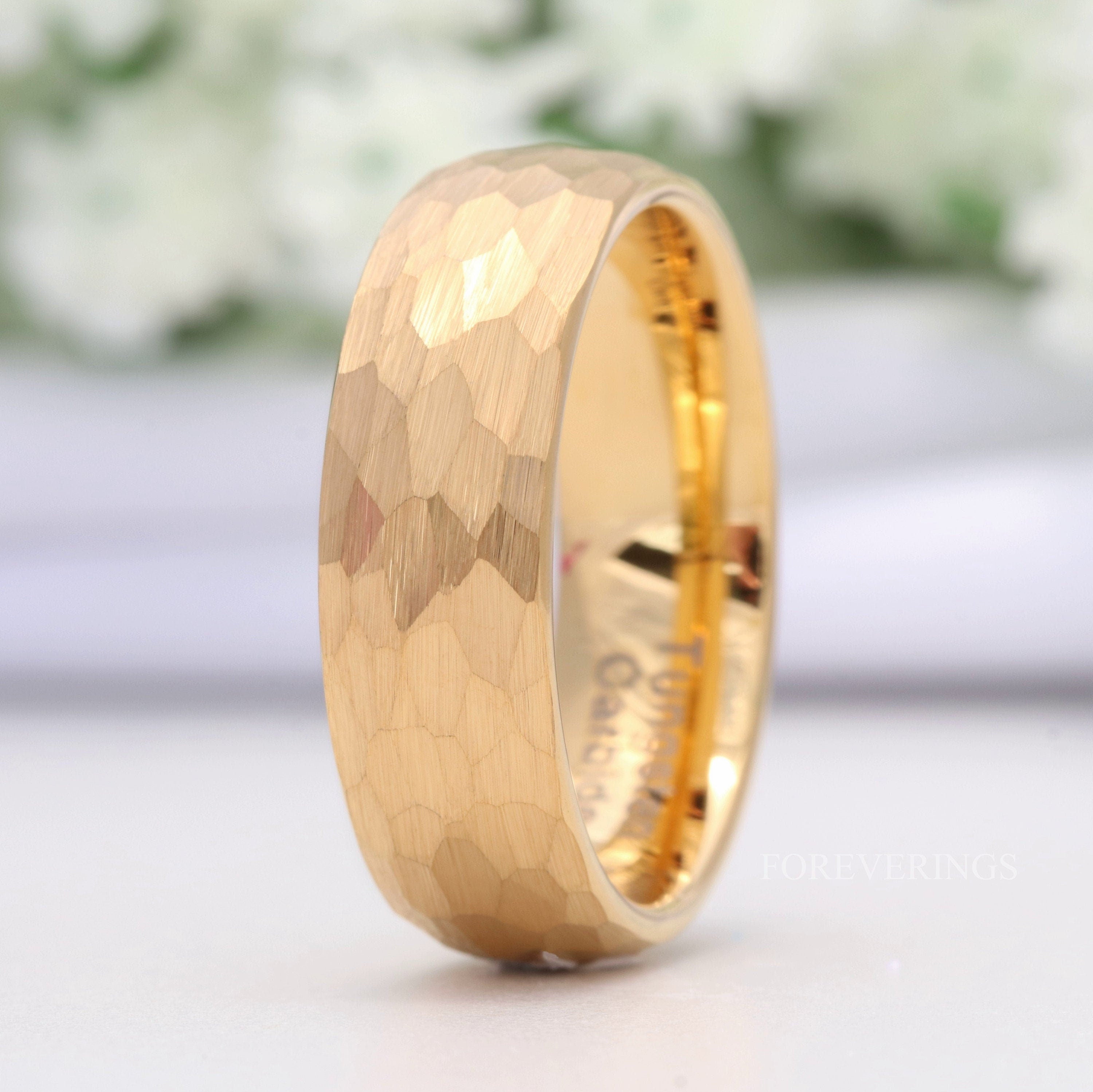 Hammered Gold Wedding Band for Men, 7mm Tungsten Ring, Unique Mens Engagement Ring, Man Anniversary Gift, Brushed Gold Ring, Engraved Ring