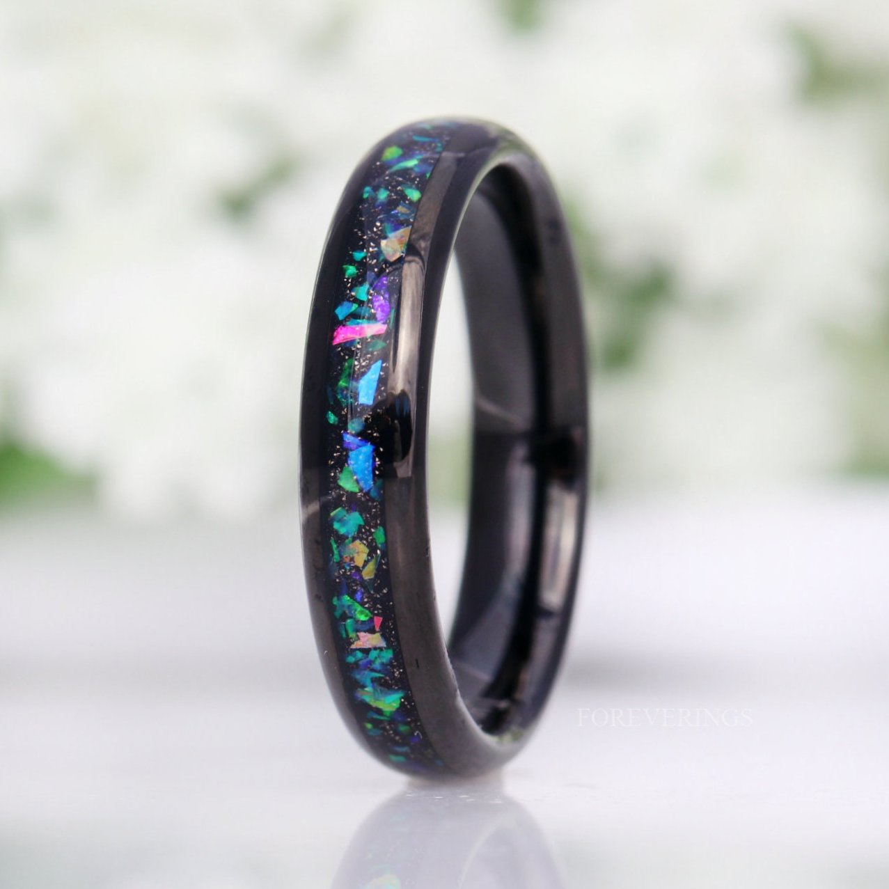 Galaxy Opal Ring, 4mm Tungsten Wedding Band, Women Men Ring, Black Tungsten Ring, Domed, Polished, Comfort Fit, Birthday Anniversary Gift