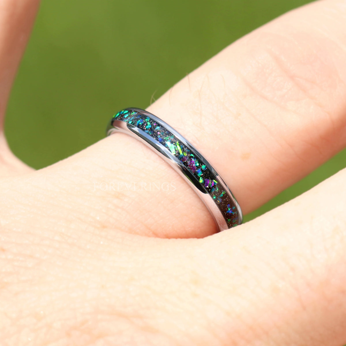 Galaxy Opal Ring for Women | 4mm Celestial Silver Tungsten Band