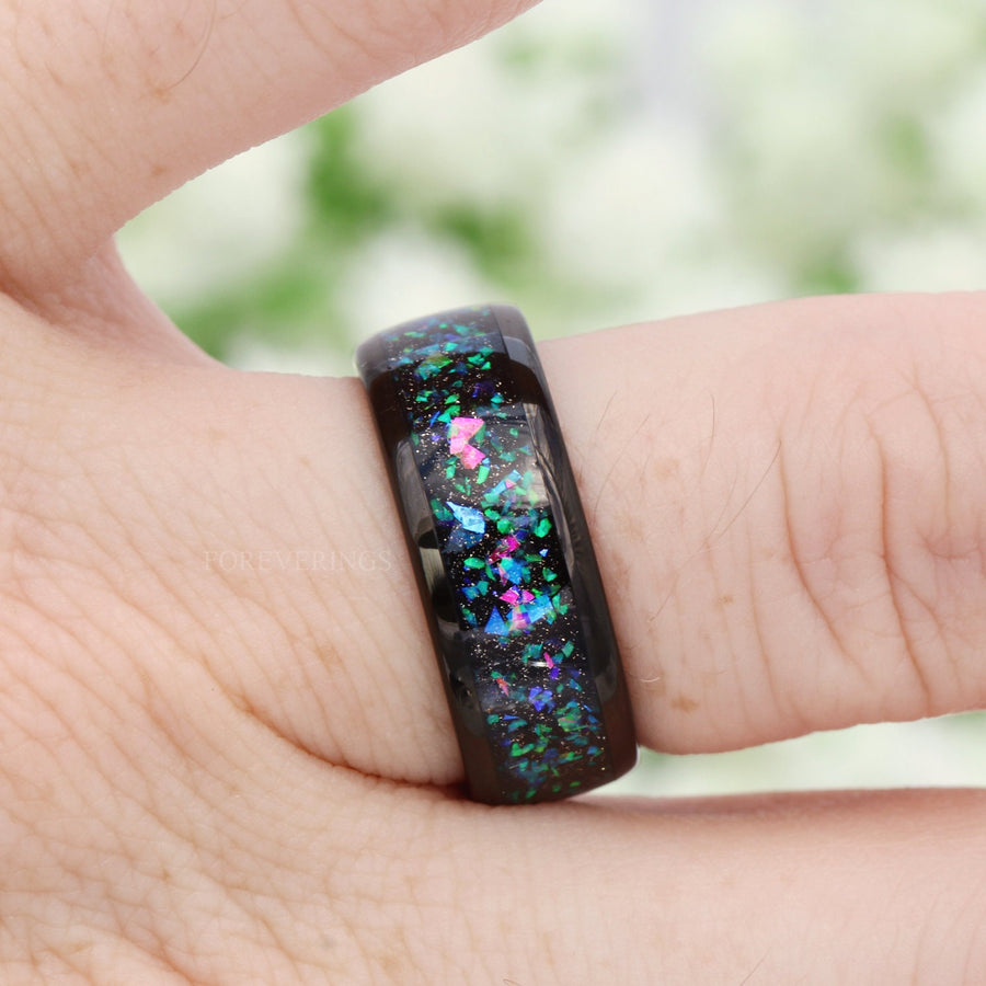 Mens Opal Wedding Band | 8mm Galaxy Black Opal Tungsten Ring