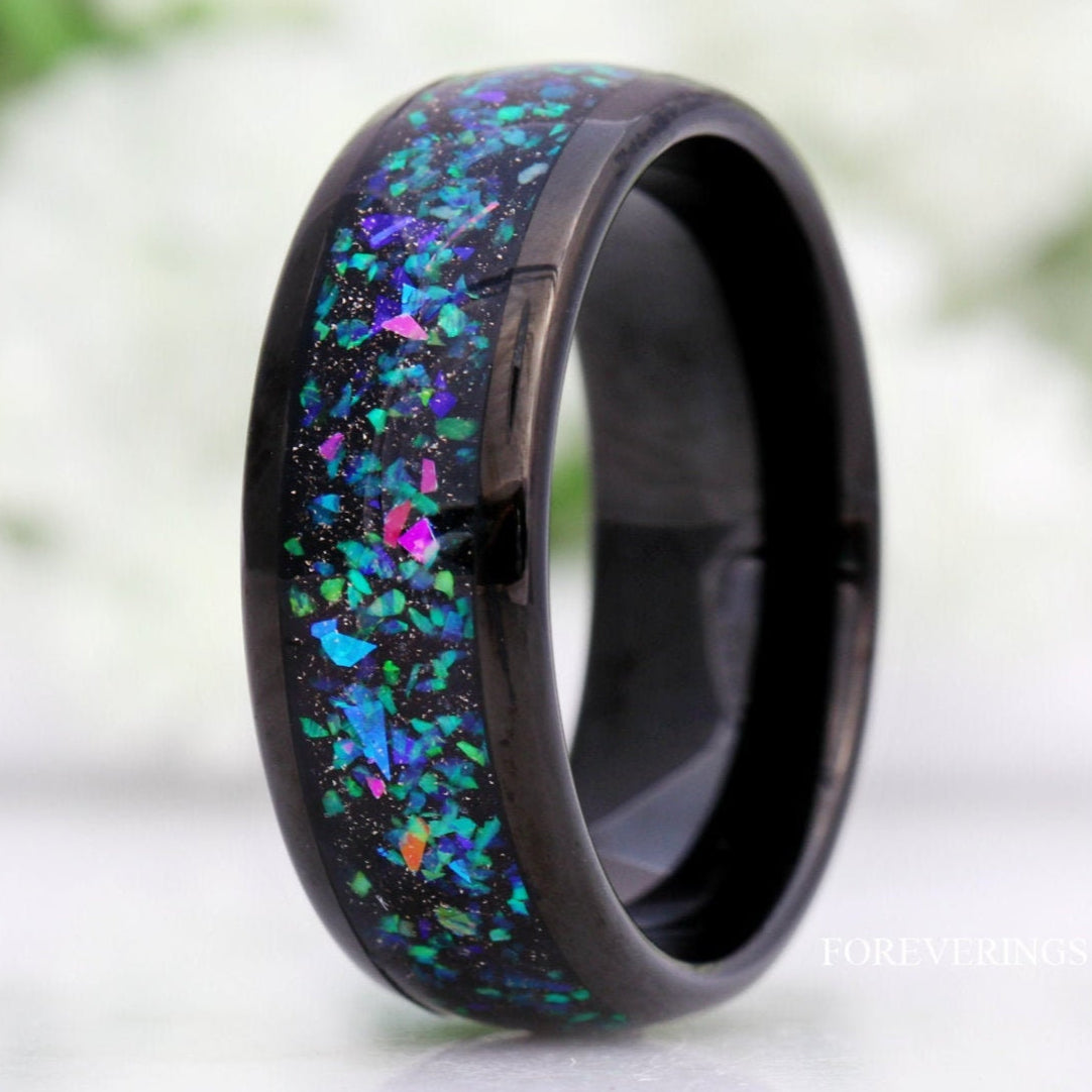 Galaxy Opal Ring, Mens Wedding Band, Engraving, 8mm Black Tungsten Ring, Domed, Polished, Black Opal Band, Galaxy Ring, Black Nebula Ring