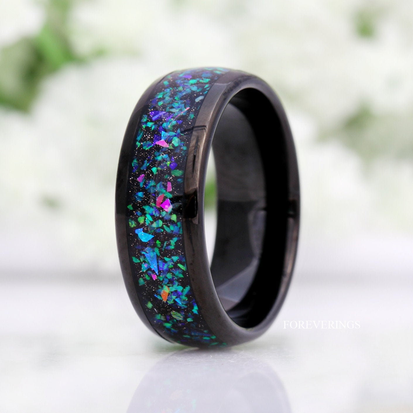 Galaxy Opal Ring, Mens Wedding Band, Engraving, 8mm Black Tungsten Ring, Domed, Polished, Black Opal Band, Galaxy Ring, Black Nebula Ring