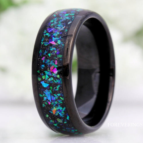 Mens Opal Wedding Band | 8mm Galaxy Black Opal Tungsten Ring