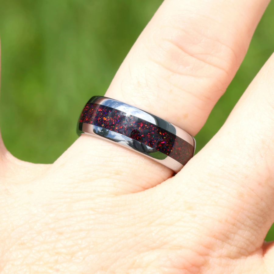 Black Fire Opal Ring | Mens Silver Tungsten Wedding Band | 8mm