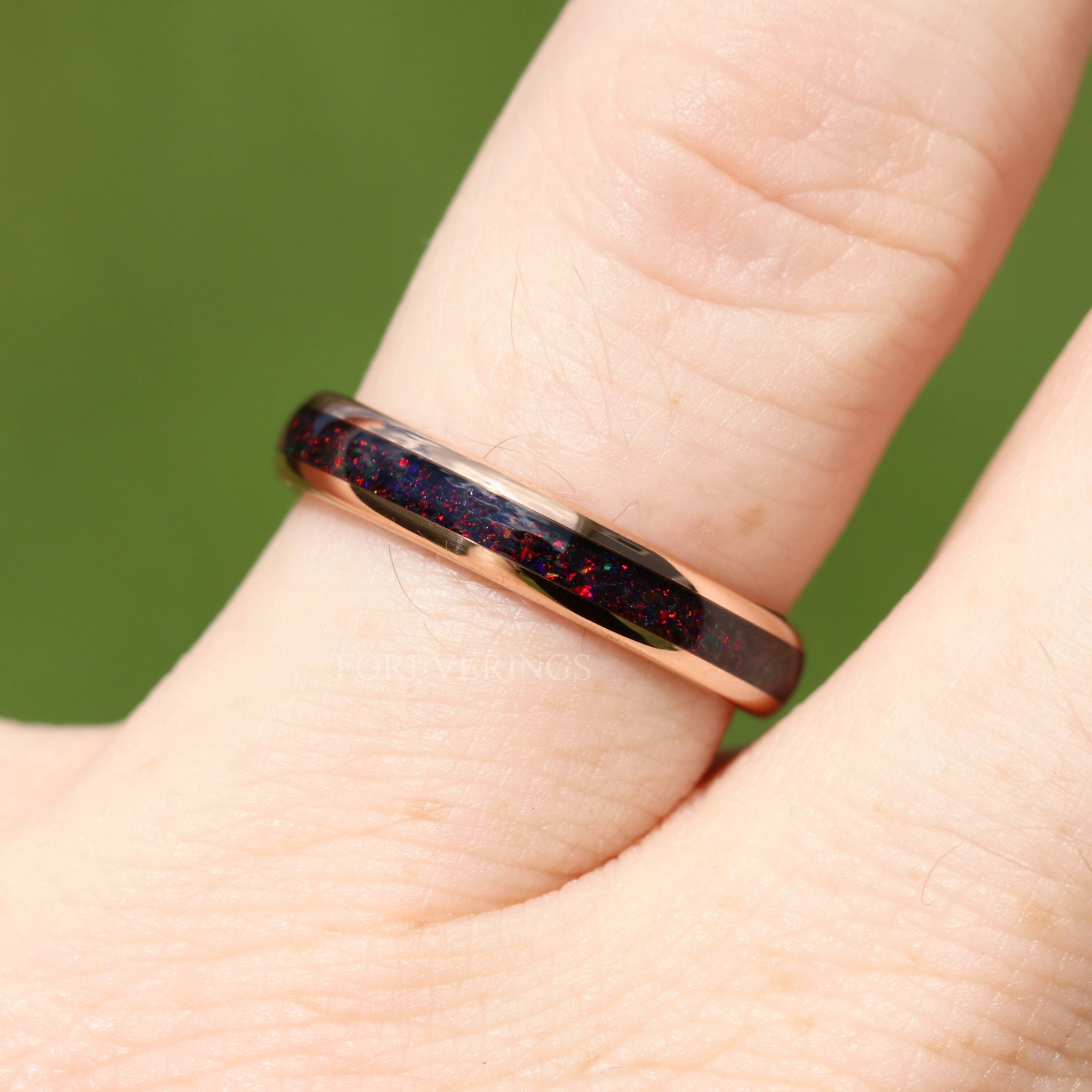 Black Fire Opal Ring Rose Gold Tungsten Wedding Band, 4mm Rose Gold Band, Crushed Black Opal Ring, Dome, Polish, Promise Ring, Ring Engrave