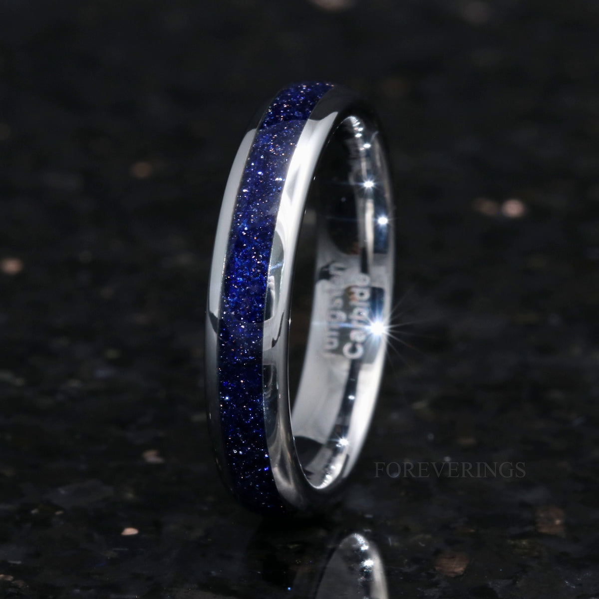 Great Rift Nebula Ring, Silver Tungsten Wedding Band, Women Men Ring, 4mm Silver Ring, Dome, Polish, Comfort Fit, Blue Sandstone Ring