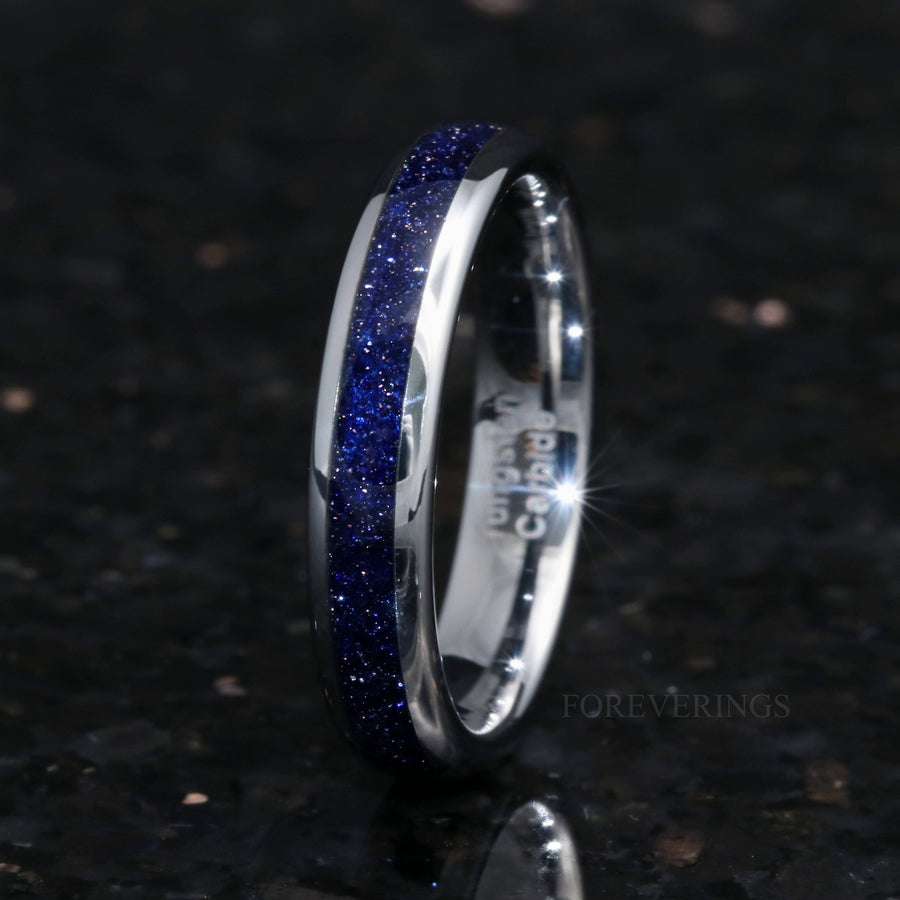 Great Rift Nebula Ring, Silver Tungsten Wedding Band, Women Men Ring, 4mm Silver Ring, Dome, Polish, Comfort Fit, Blue Sandstone Ring