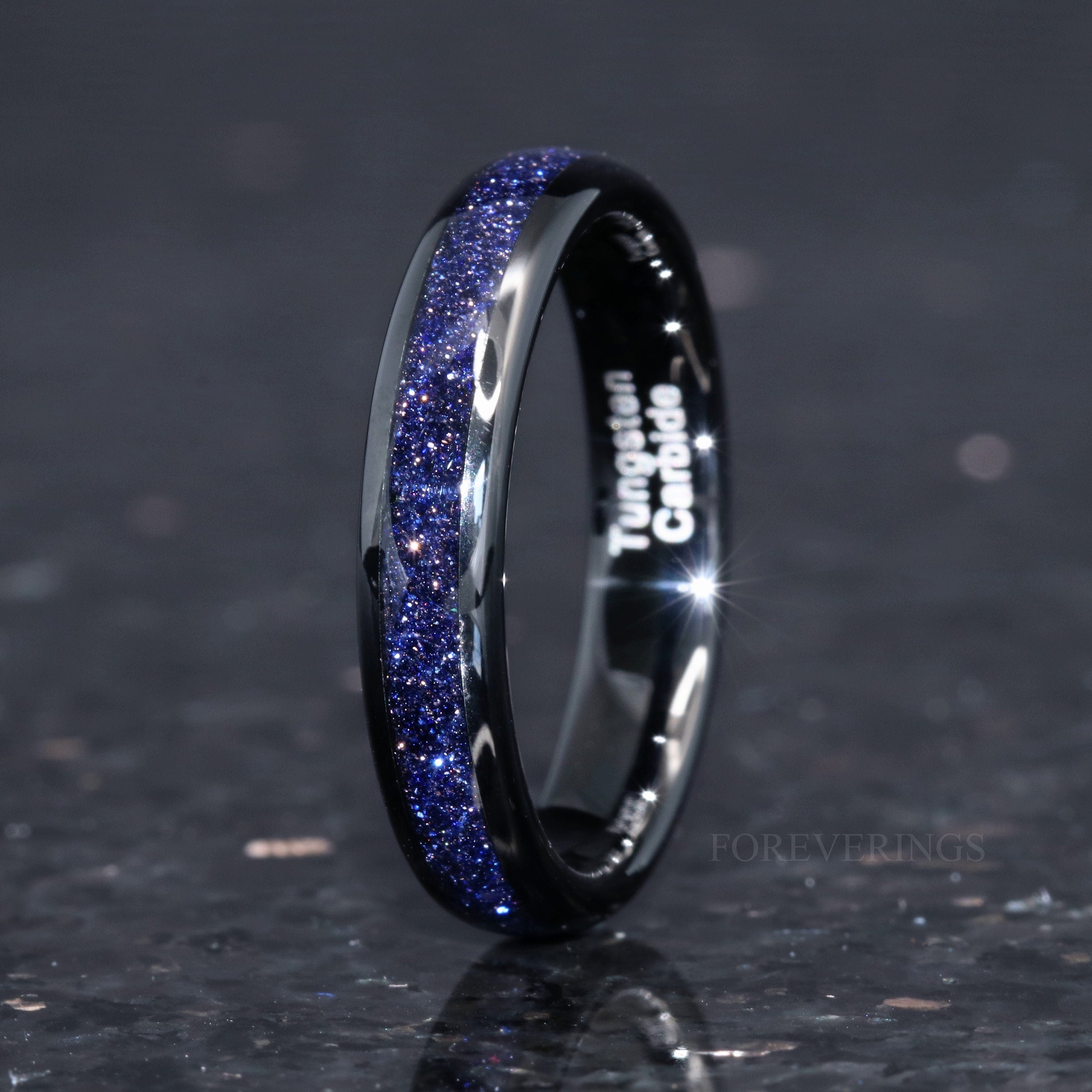 Great Rift Nebula Ring, 4mm Tungsten Wedding Band, Outer Space Ring, Black Ring, Dome, Polish, Comfort Fit, Blue Sandstone Ring