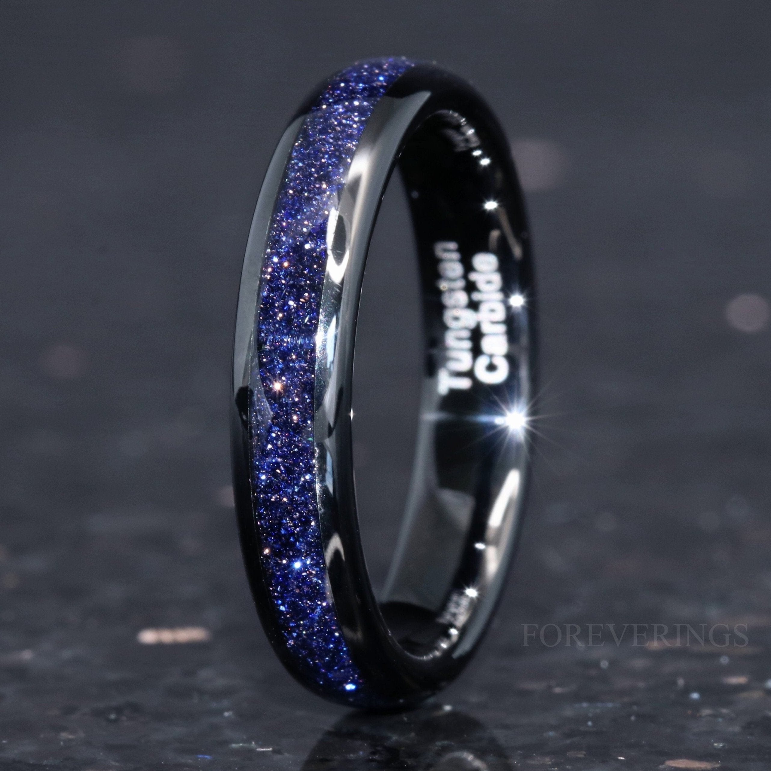 Great Rift Nebula Ring, 4mm Tungsten Wedding Band, Outer Space Ring, Black Ring, Dome, Polish, Comfort Fit, Blue Sandstone Ring