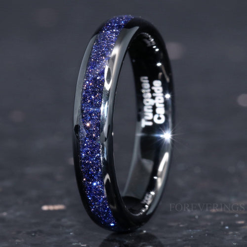 Great Rift Nebula Ring, 4mm Tungsten Wedding Band, Outer Space Ring, Black Ring, Dome, Polish, Comfort Fit, Blue Sandstone Ring