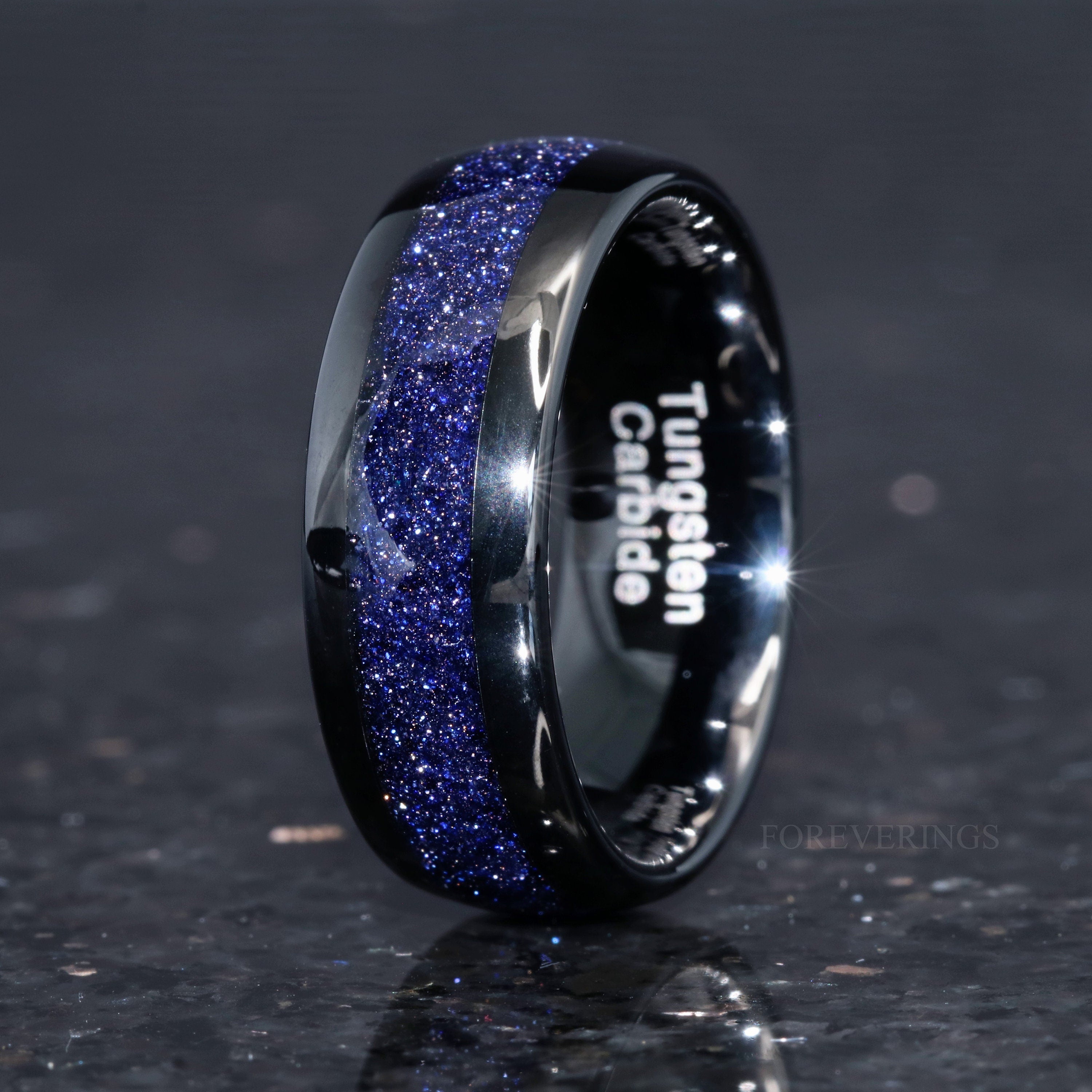 Great Rift Nebula Ring Set, His and Hers Tungsten Wedding Band, 8mm & 4mm Black Ring, Outer Space Couples Ring, Polish, Dome, Blue Sandstone