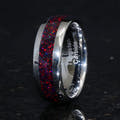 8mm silver tungsten black fire opal ring angled to show the polished interior