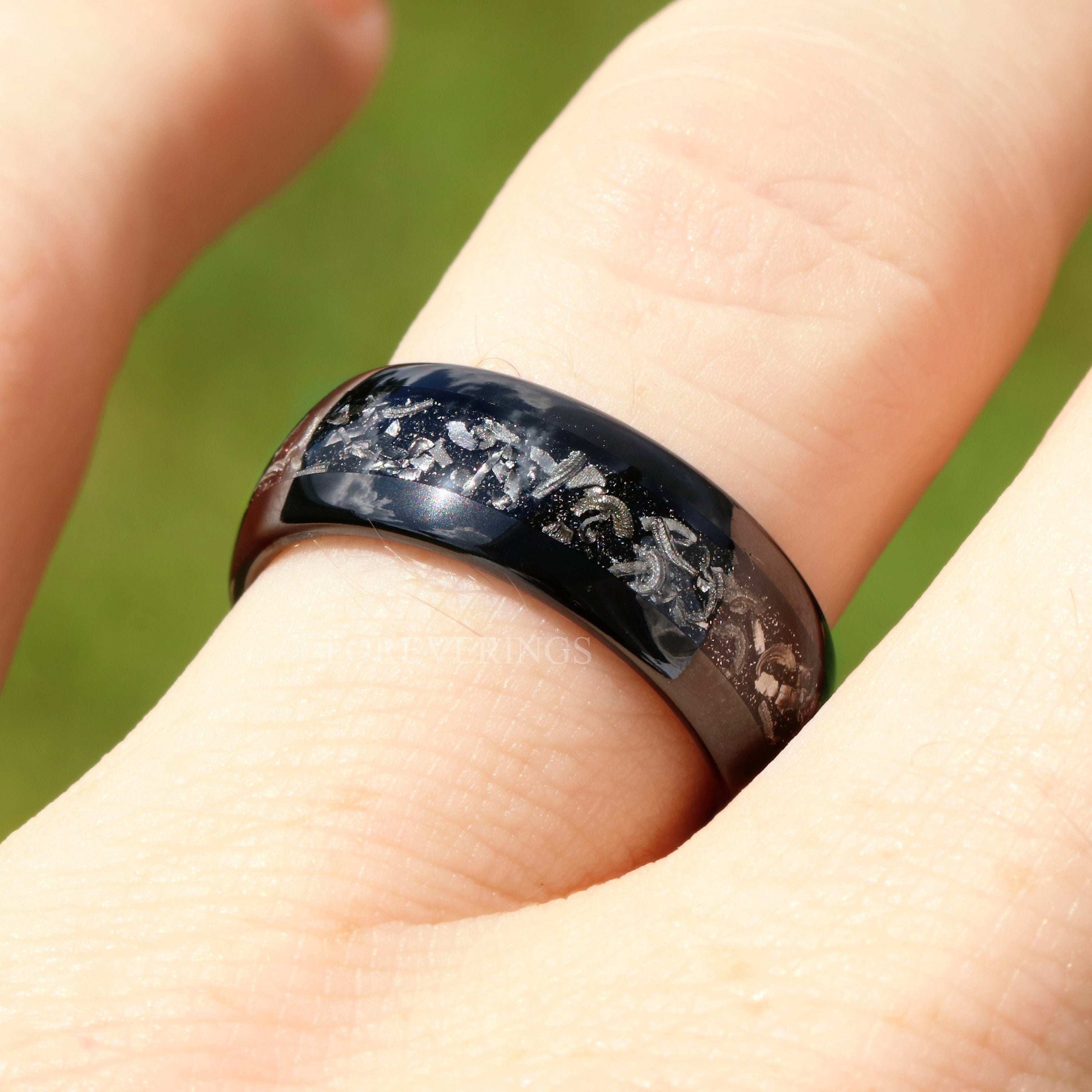 Meteorite Wedding Band, 8mm Black Tungsten Ring, Polished, Dome, Smooth Ring, Comfort Fit, Birthday Anniversary Gift for Him, Unique Ring