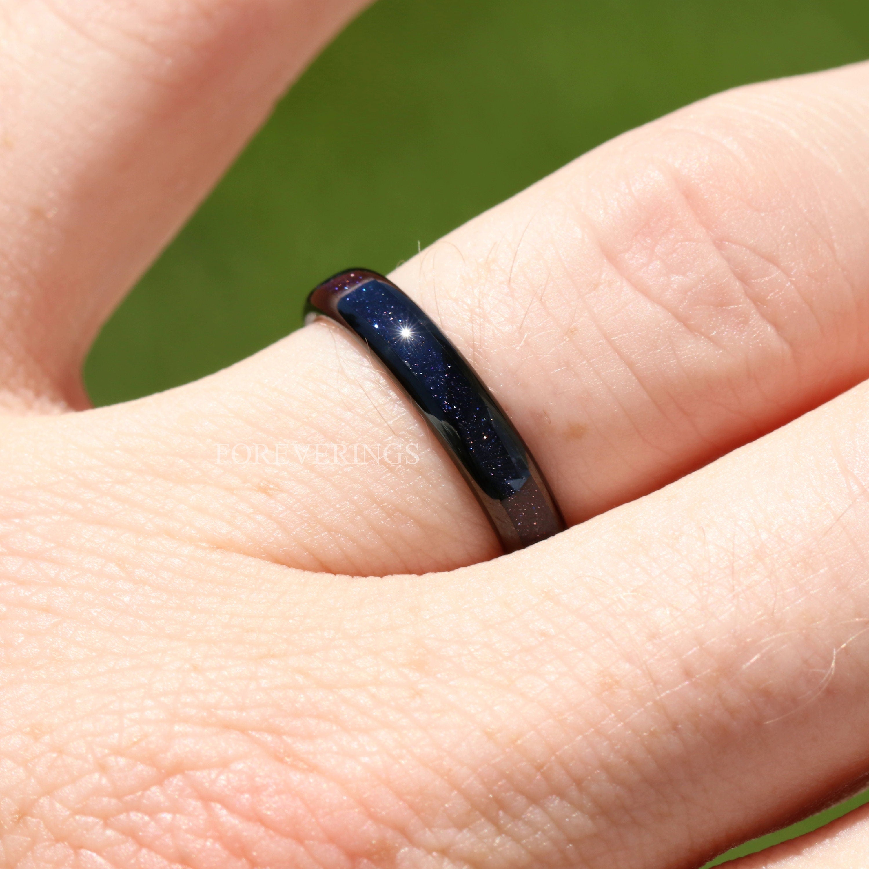 Great Rift Nebula Ring, 4mm Tungsten Wedding Band, Outer Space Ring, Black Ring, Dome, Polish, Comfort Fit, Blue Sandstone Ring