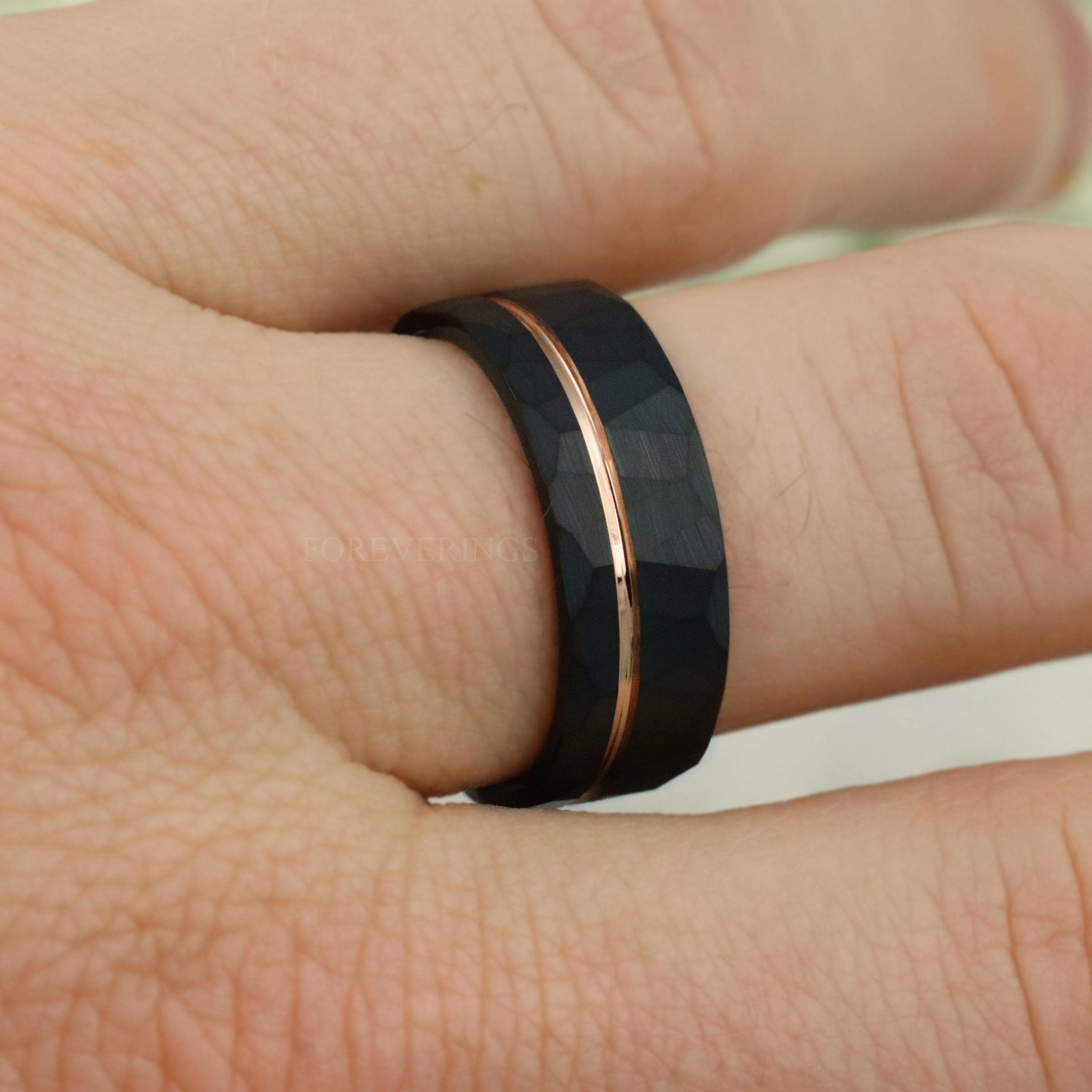 Matte Black Hammered Ring, Men Wedding Band, Rose Gold Tungsten Ring, Black and Rose Gold, Two Tone Band, Man Engagement Ring, Engraving