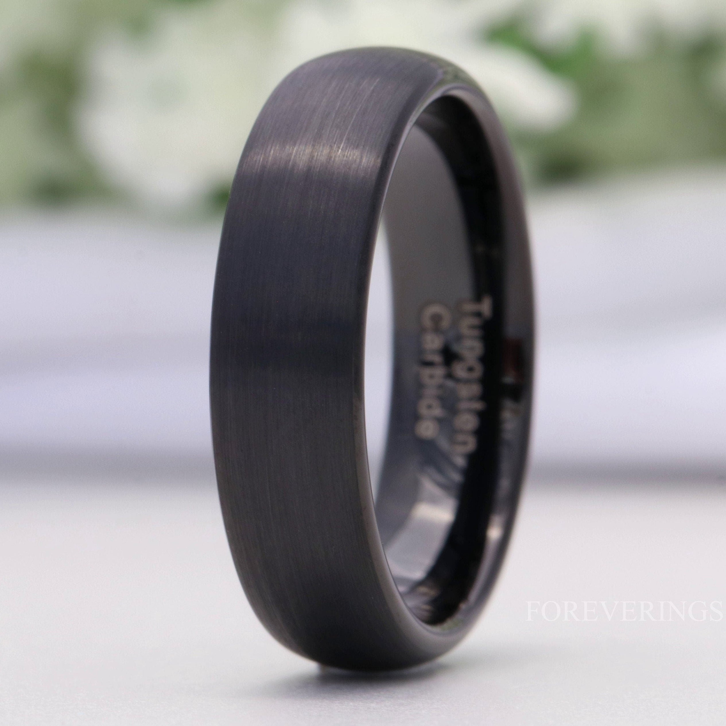 Matte Black Tungsten Ring, 6mm Mens Wedding Band, Simple Modern Custom Engraved Ring