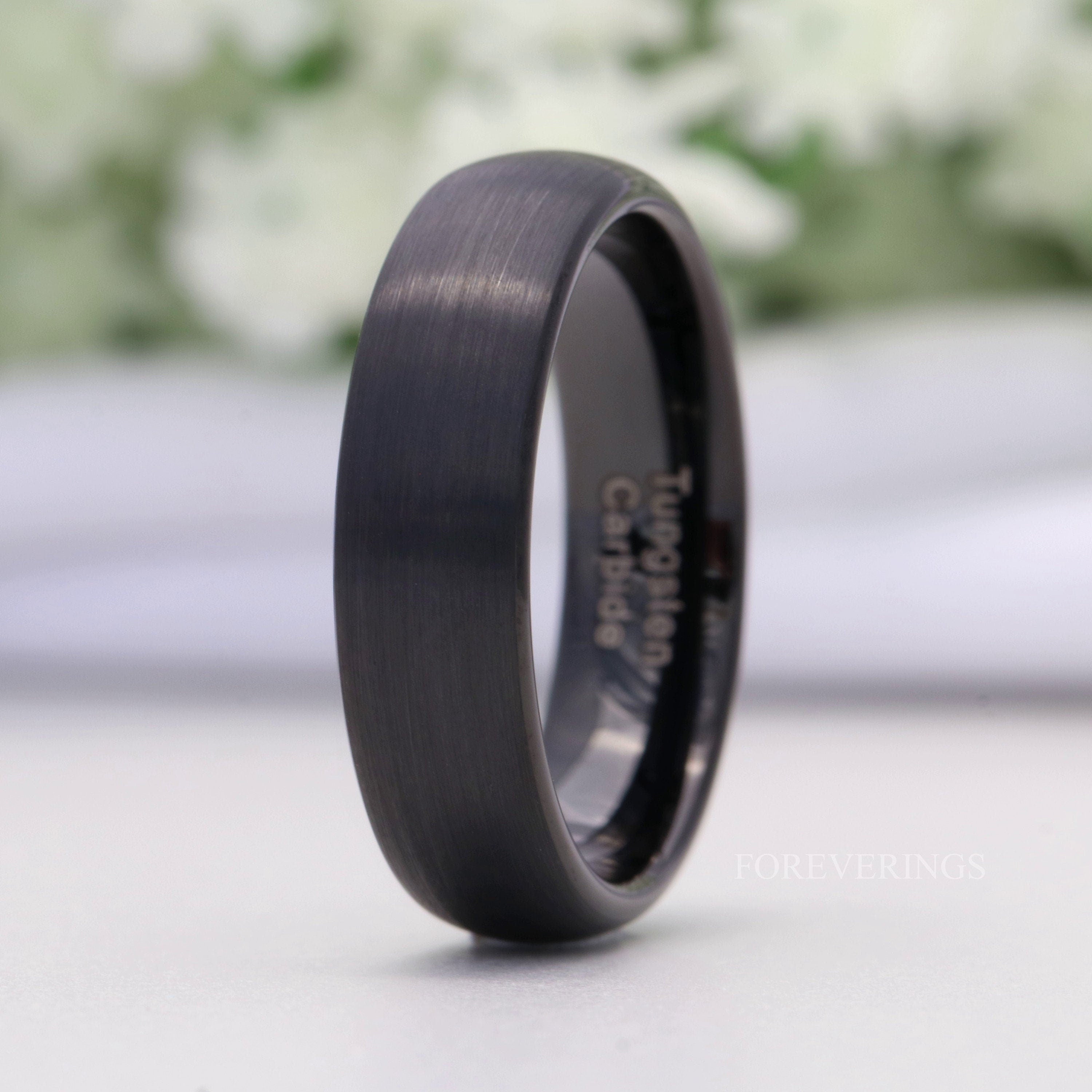 Matte Black Tungsten Ring, 6mm Mens Wedding Band, Simple Modern Custom Engraved Ring