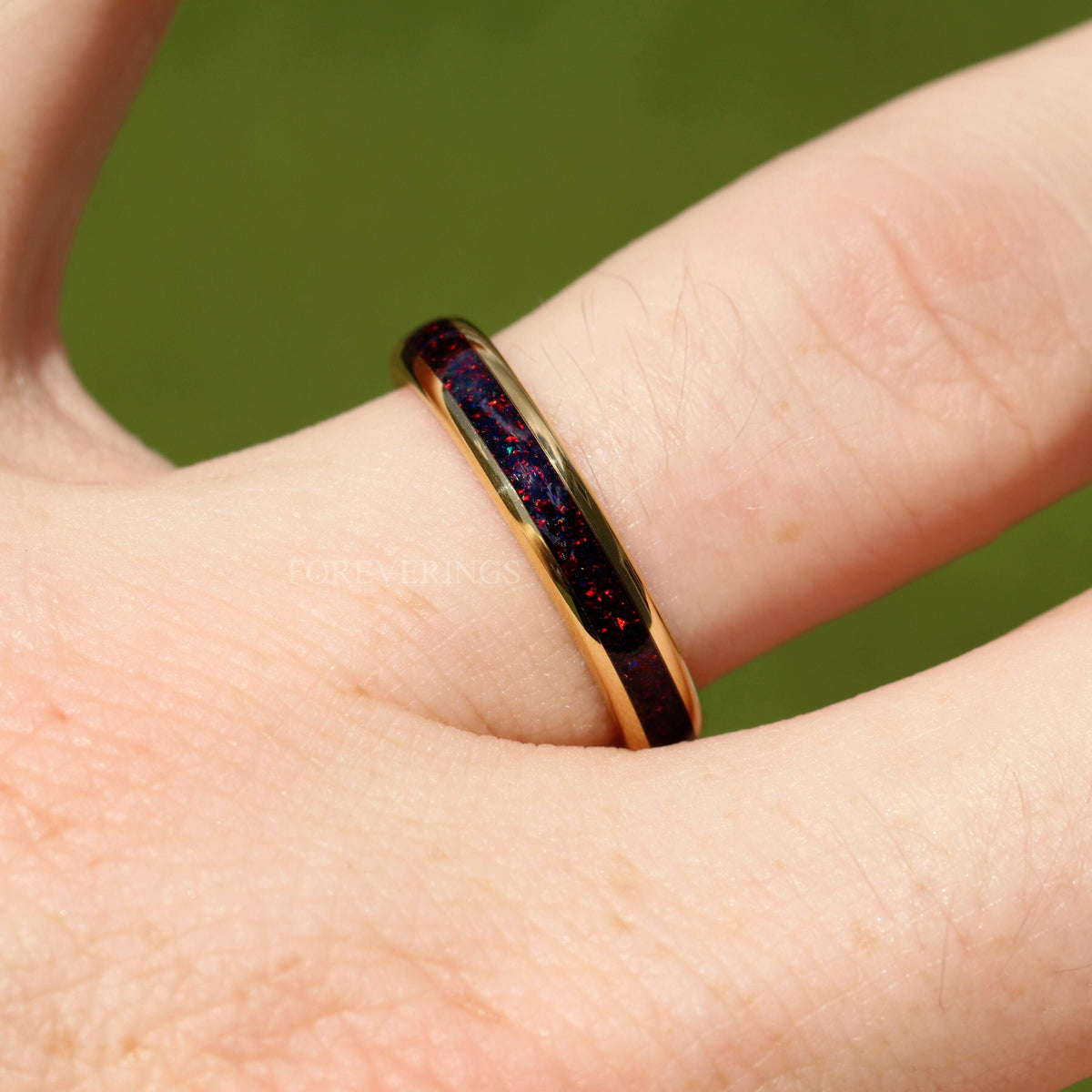 Crushed Black Fire Opal Ring | 4mm Gold Tungsten Band