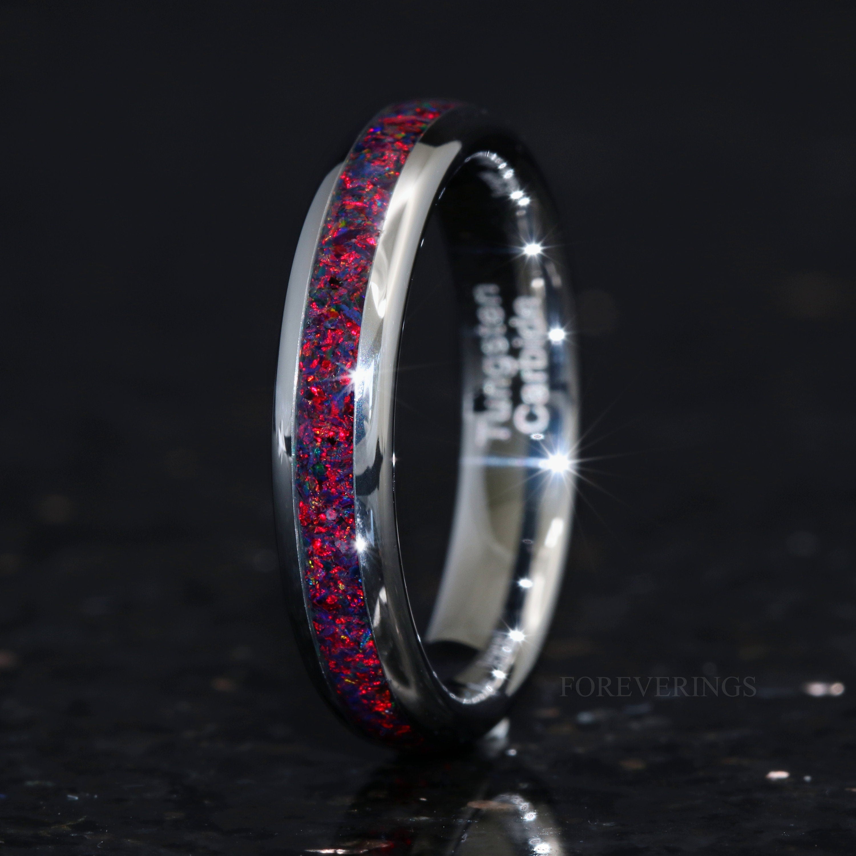 Black Opal Ring Set, His and Her Wedding Band, Black Fire Opal Ring Set, Silver Tungsten Ring, Polish, Dome, Matching Couple Ring, Engraving