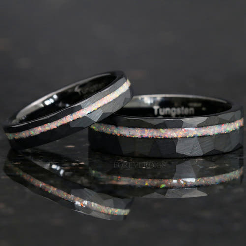 Matching hammered black tungsten couples ring set with white fire opal inlay, 6mm and 4mm