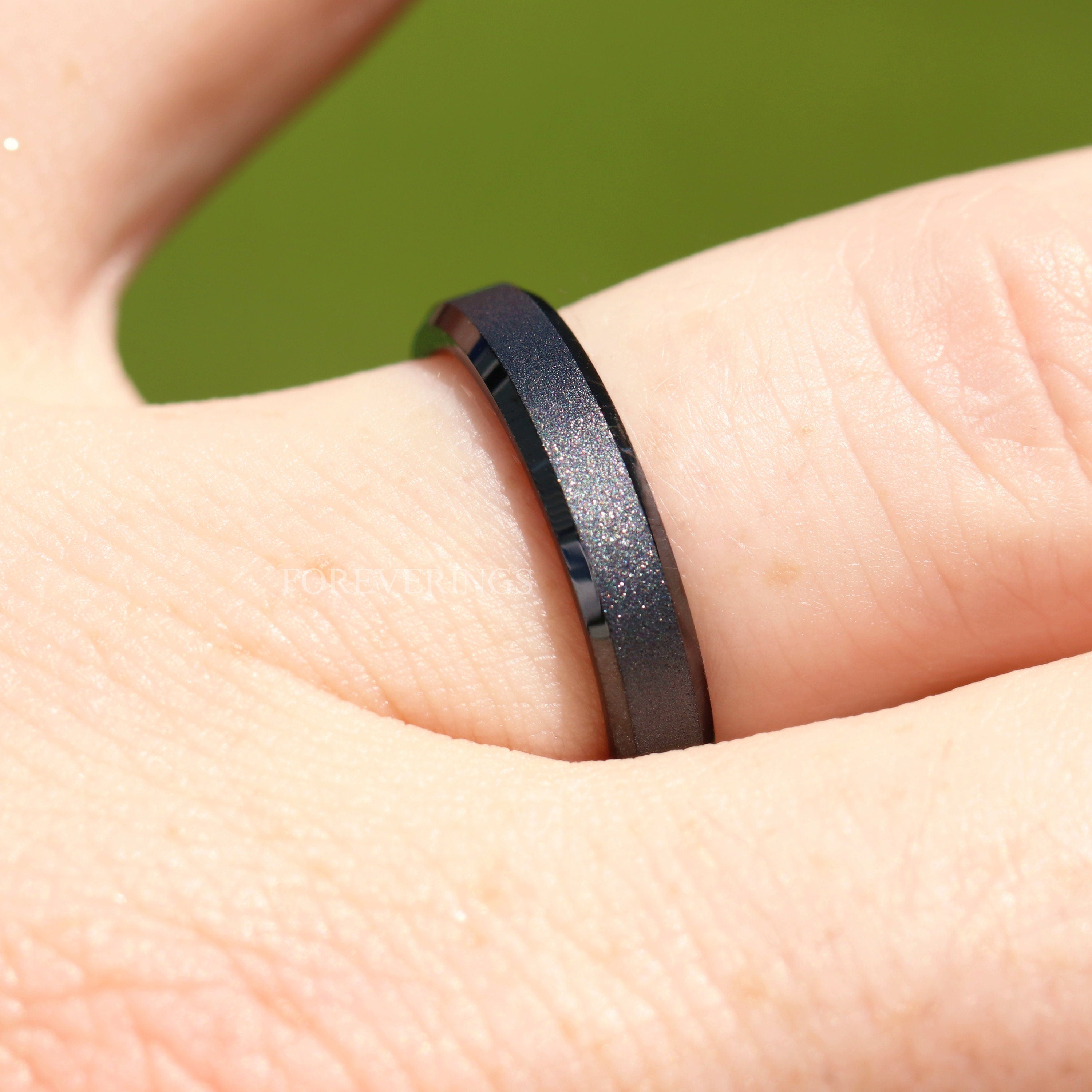 Sandblasted Black Tungsten Wedding Band, 4mm Men Women Ring, Promise Ring, Flat Beveled Ring, Ring Engraving