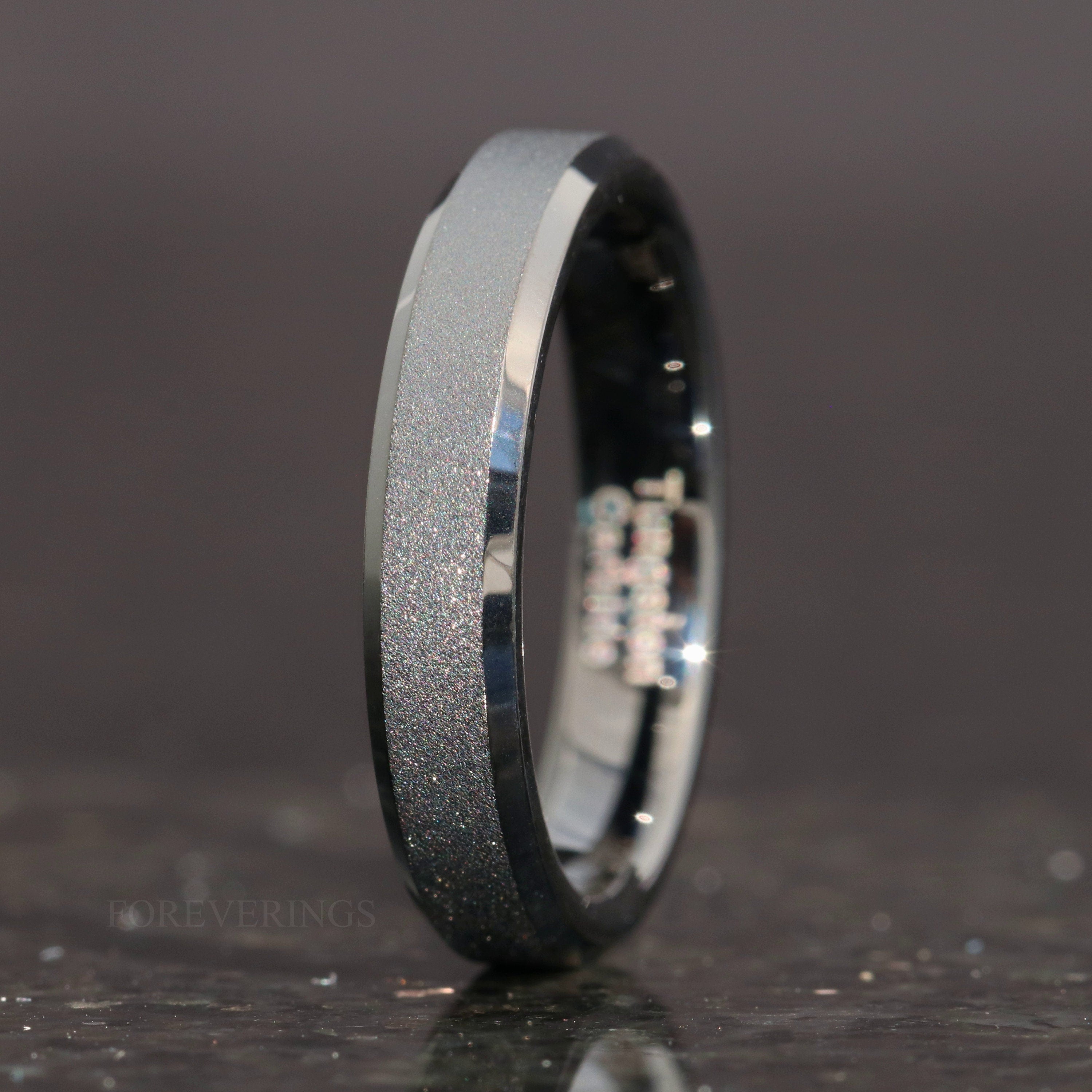 Sandblasted Black Tungsten Wedding Band, 4mm Men Women Ring, Promise Ring, Flat Beveled Ring, Ring Engraving