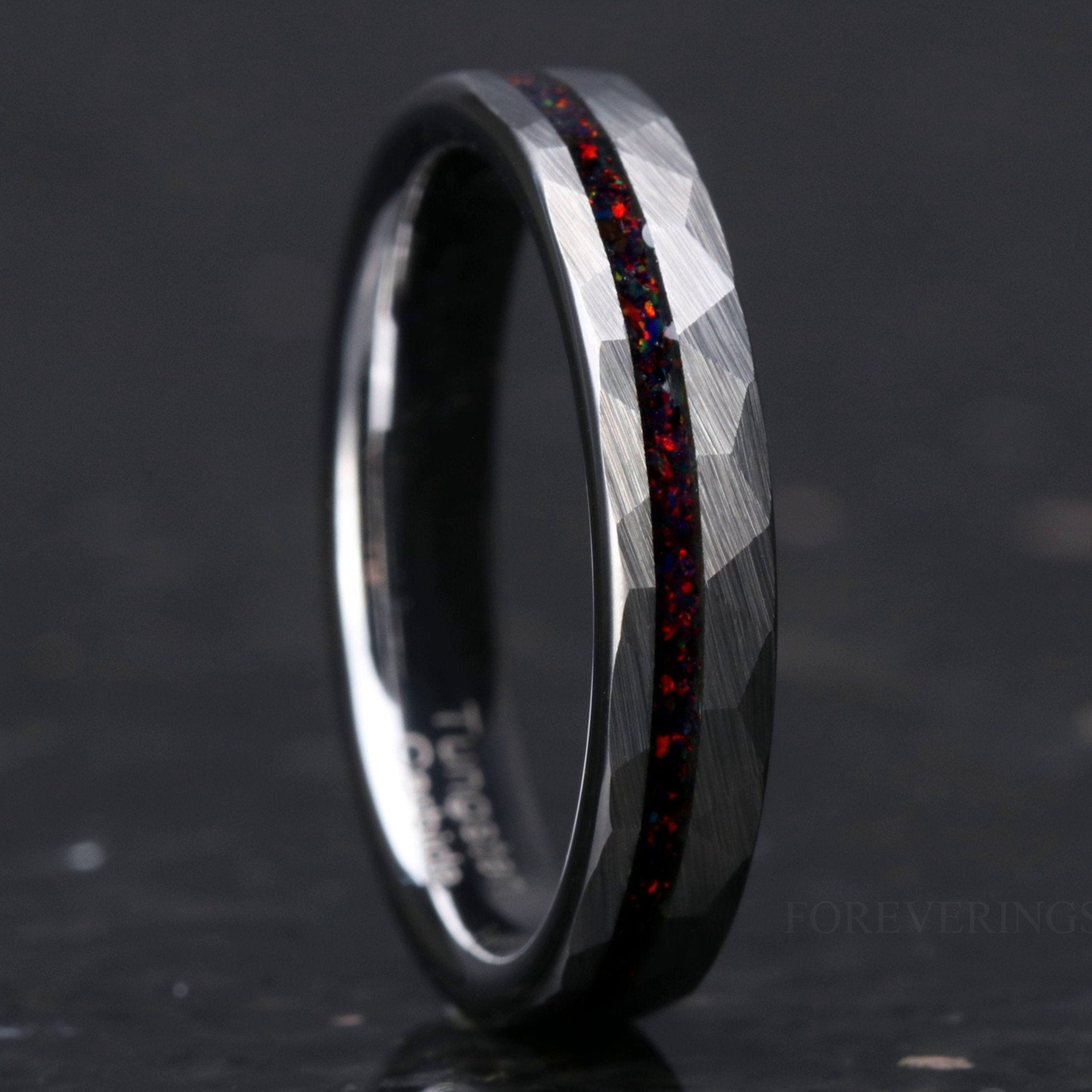 Black Opal Ring, 4mm Silver Tungsten Wedding Band, No Plating, Crushed Black Fire Opal, Men Women, Hammer, Flat, Matte Brushed, Comfort Fit