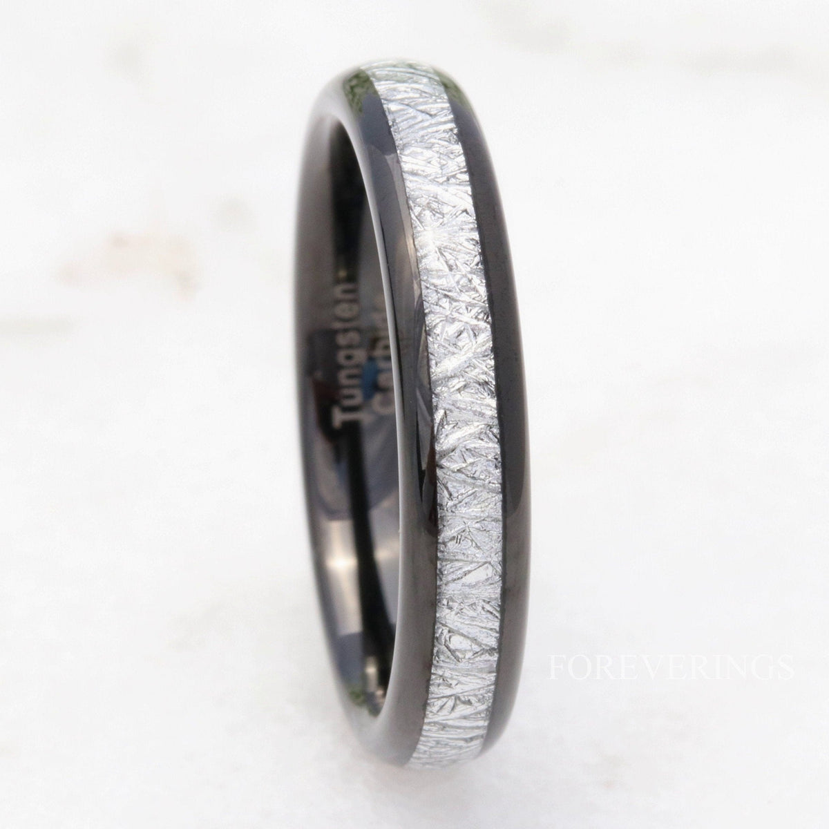 Tungsten Wedding Band, White Meteorite, 4mm Black Tungsten Ring, Women Men Band, Comfort Fit, Polished, Domed, Birthday Anniversary Gift