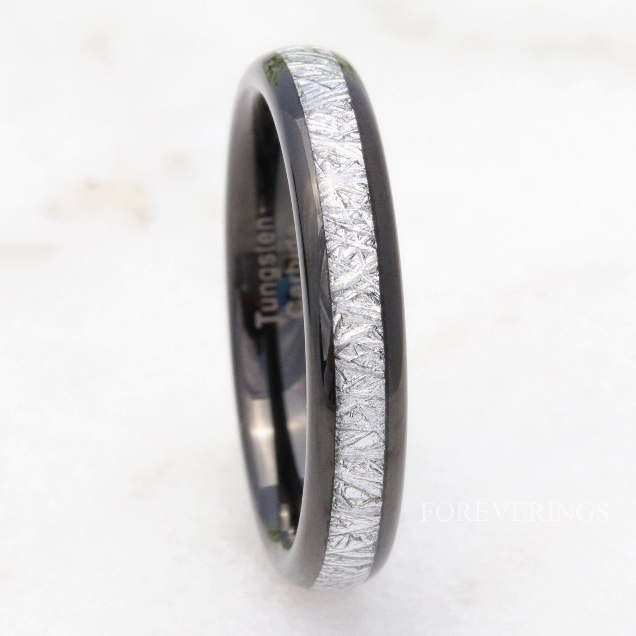 Tungsten Wedding Band, White Meteorite, 4mm Black Tungsten Ring, Women Men Band, Comfort Fit, Polished, Domed, Birthday Anniversary Gift