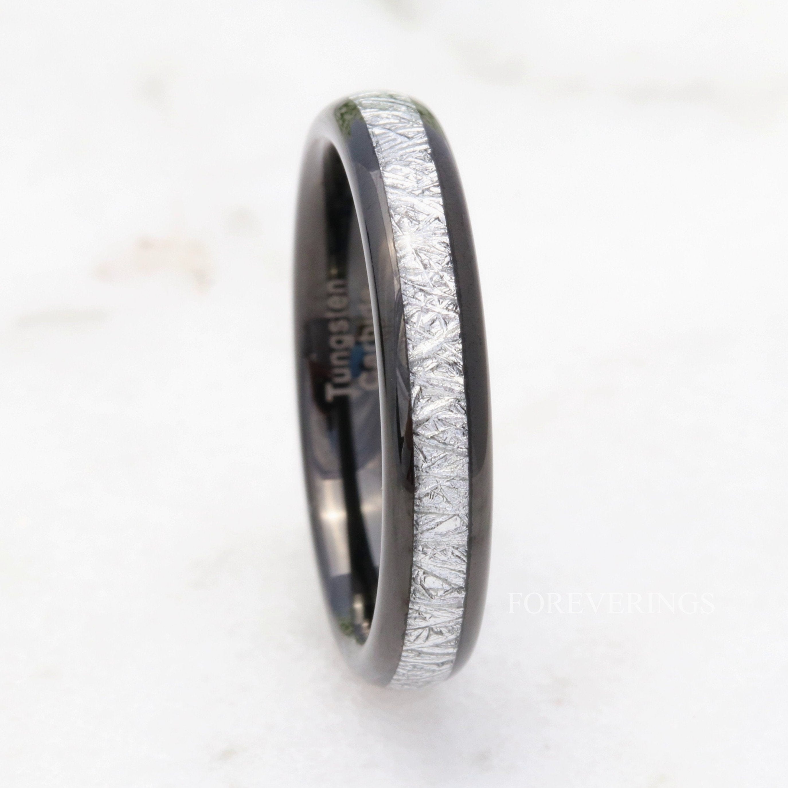 Tungsten Wedding Band, White Meteorite, 4mm Black Tungsten Ring, Women Men Band, Comfort Fit, Polished, Domed, Birthday Anniversary Gift