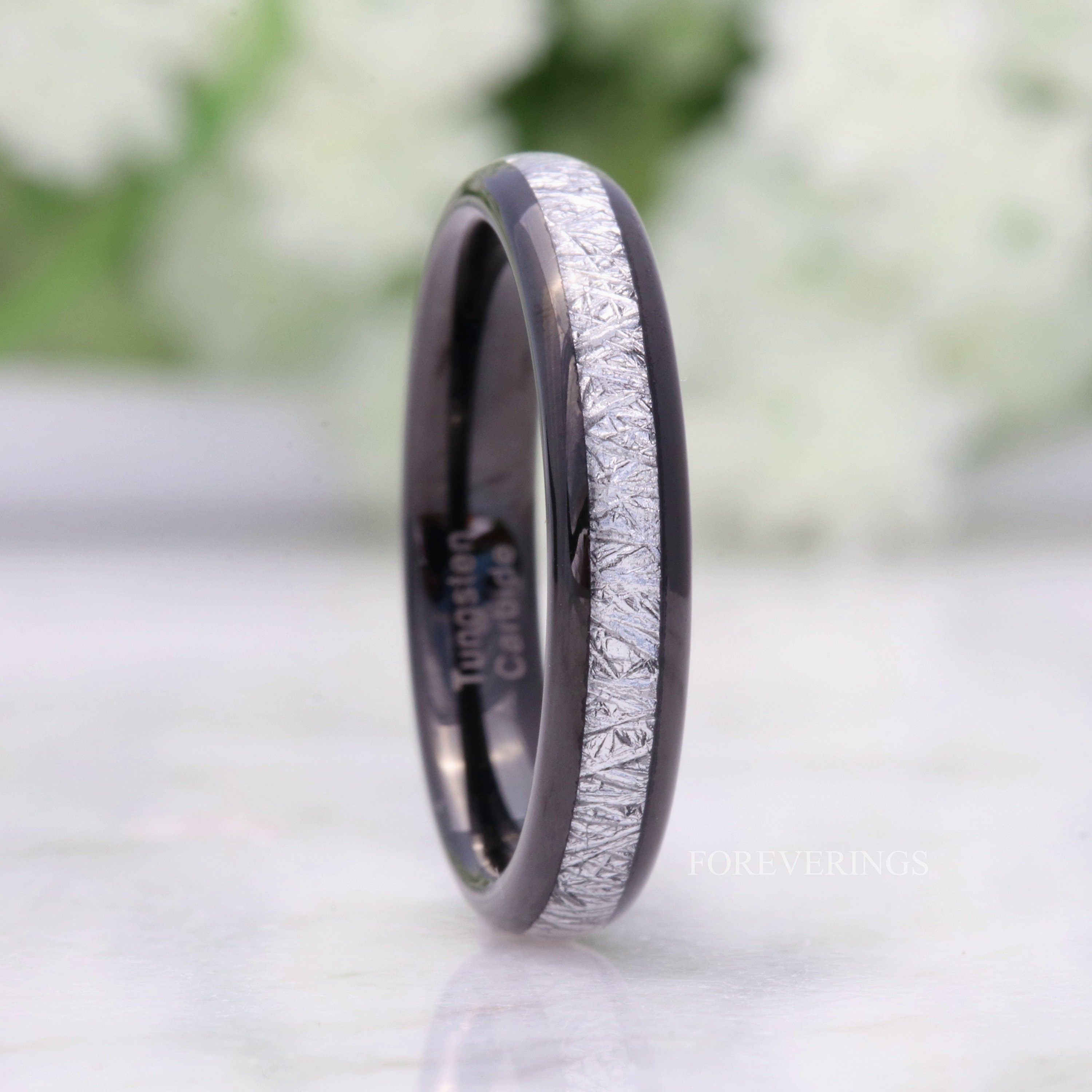 Tungsten Wedding Band, White Meteorite, 4mm Black Tungsten Ring, Women Men Band, Comfort Fit, Polished, Domed, Birthday Anniversary Gift