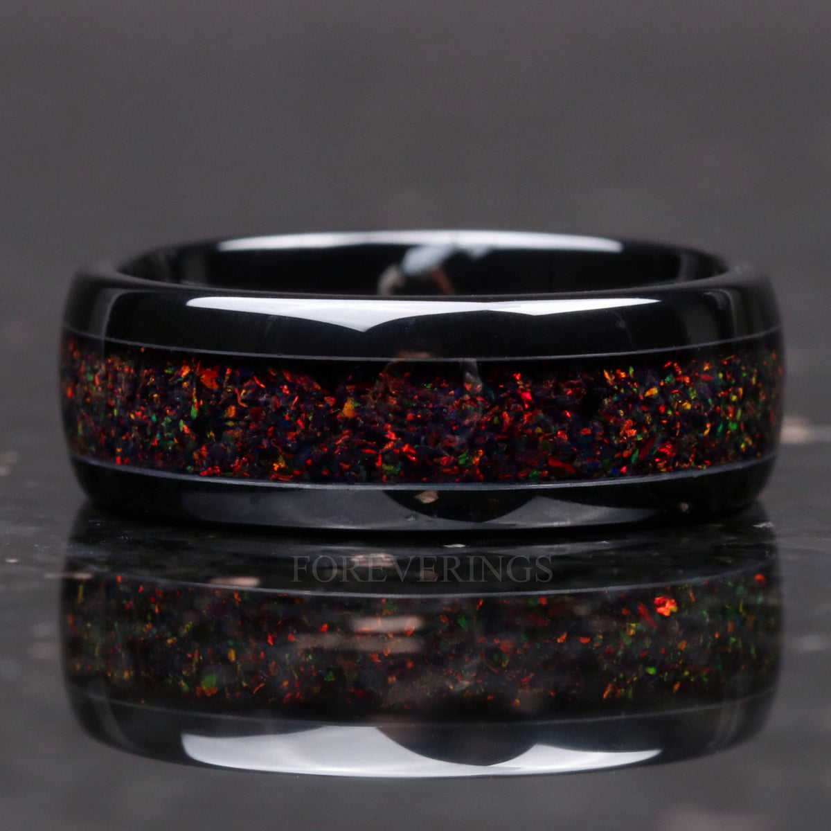 Black Fire Opal Ring for Men | Ceramic Wedding Band | 8mm