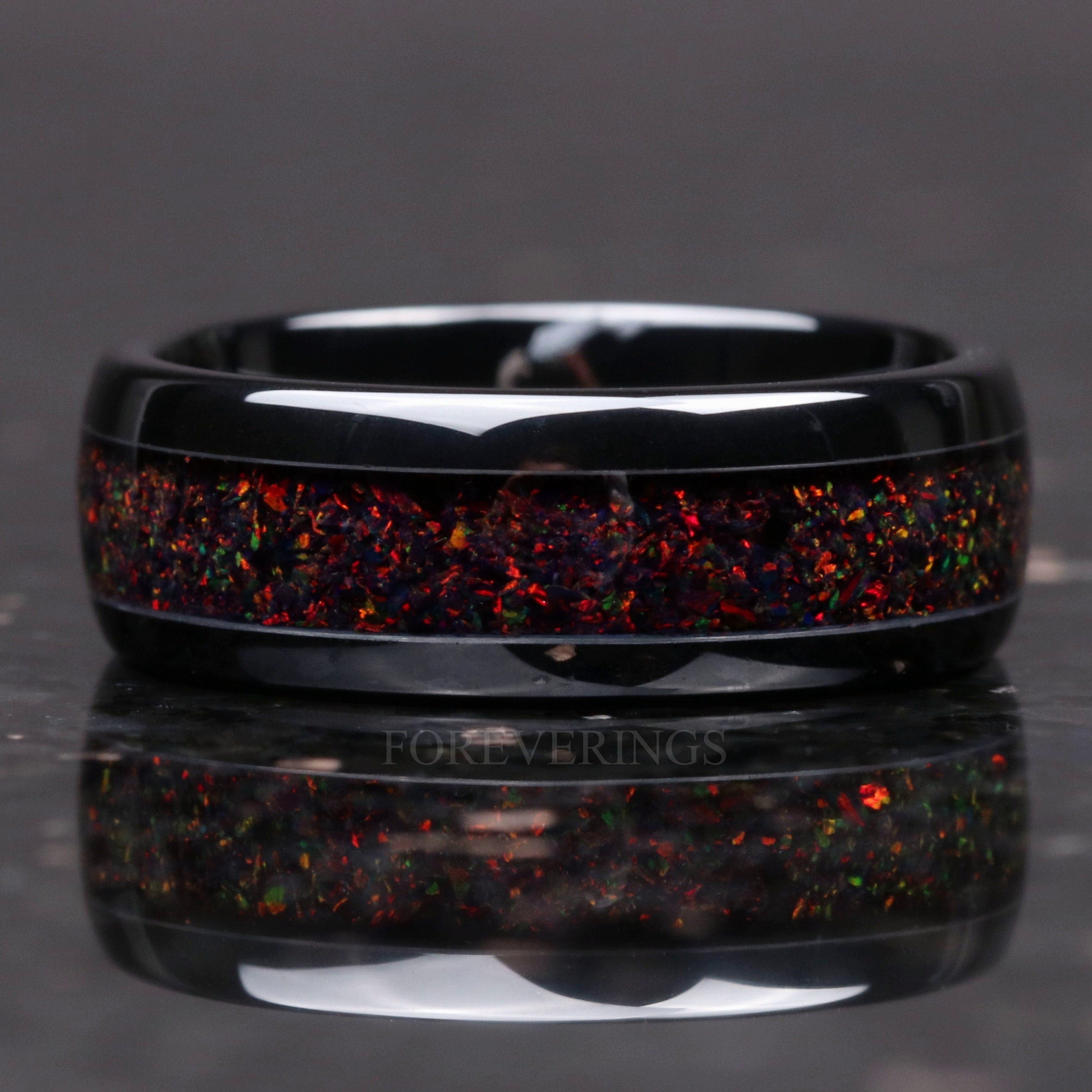 Mens Black Fire Opal Ring, Black Opal Wedding Band, Man Anniversary Gift, Black Ceramic Ring, Polish, Dome, Unique Man Promise Ring, Engrave