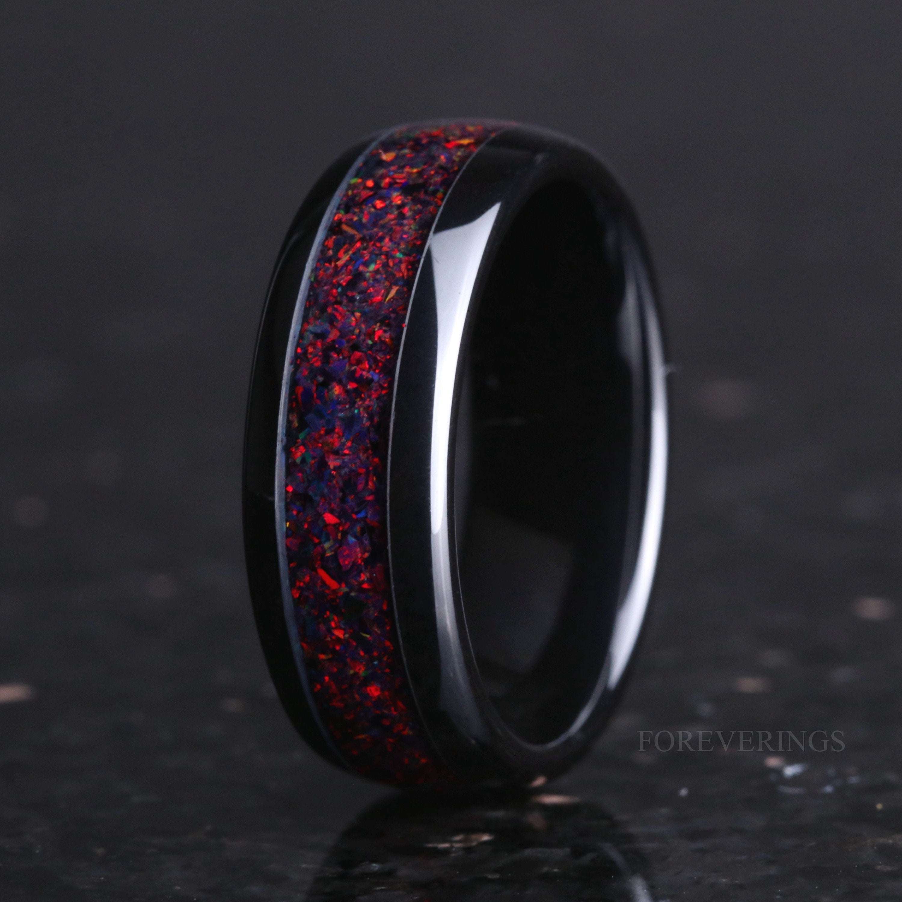 Mens Black Fire Opal Ring, Black Opal Wedding Band, Man Anniversary Gift, Black Ceramic Ring, Polish, Dome, Unique Man Promise Ring, Engrave