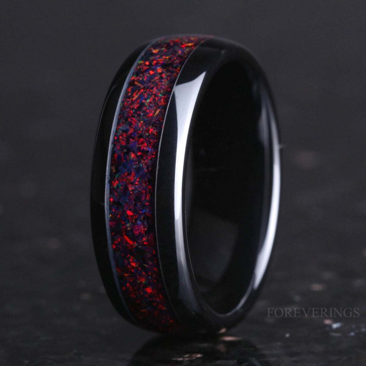 Black Fire Opal Ring for Men | Ceramic Wedding Band | 8mm