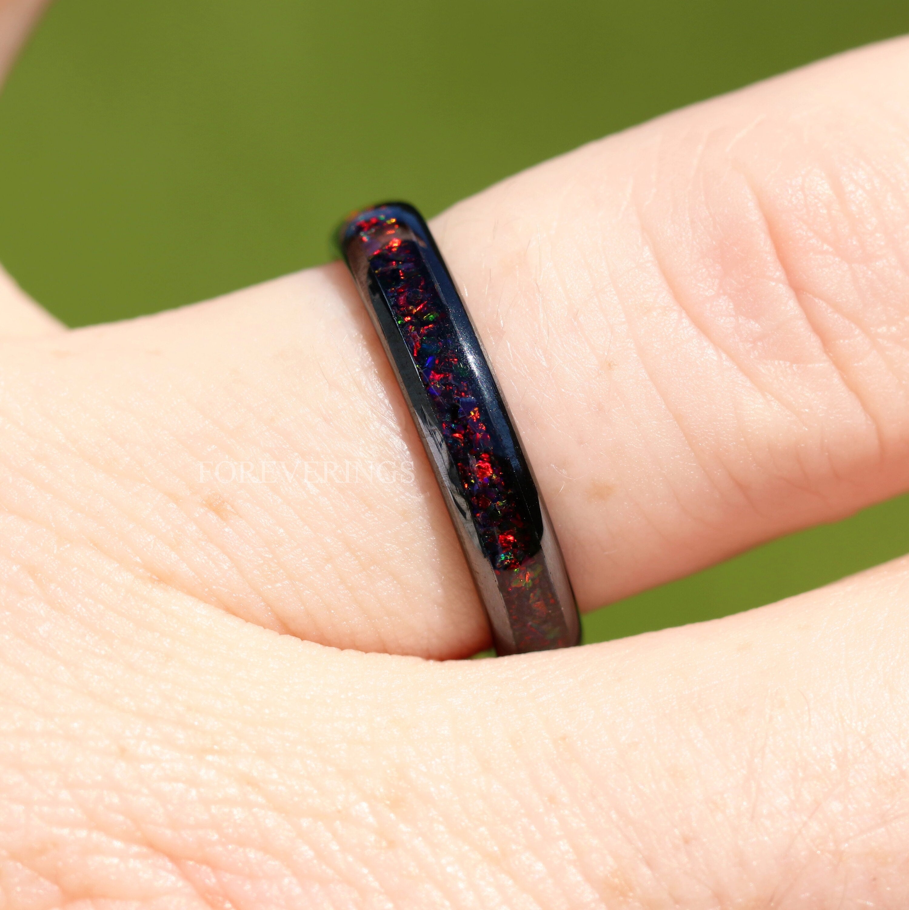 Crushed Black Fire Opal Ring, 4mm Black Ceramic Wedding Band, Women Men Ring, Black Opal Ring, Dome, Polish, Comfort Fit