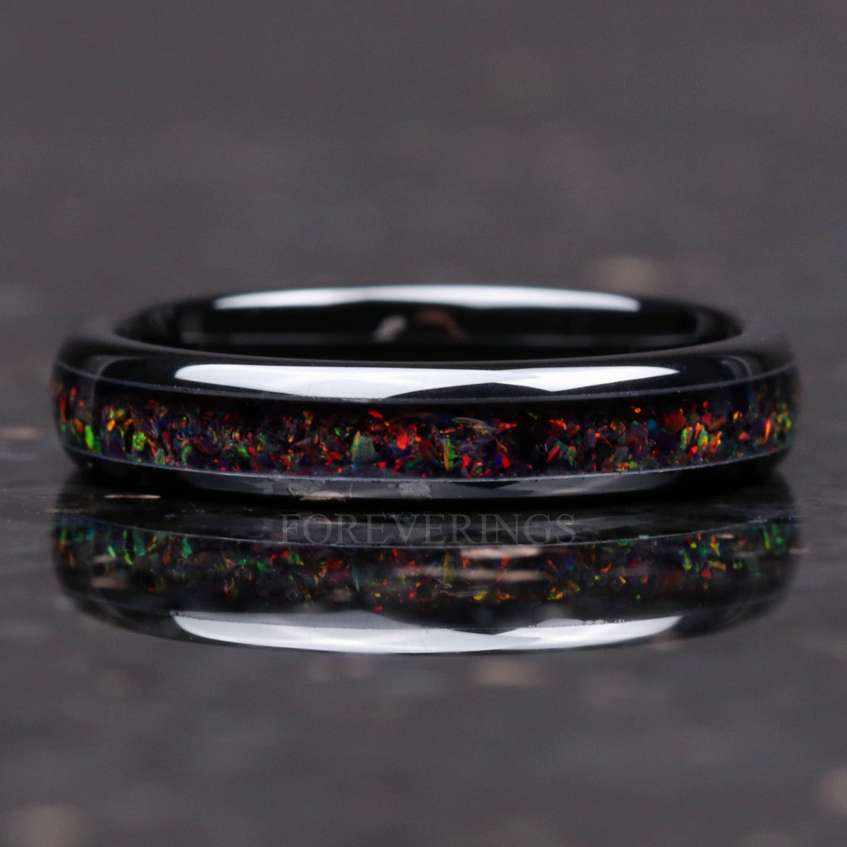 Black Fire Opal Ring | Black Ceramic Band | 4mm