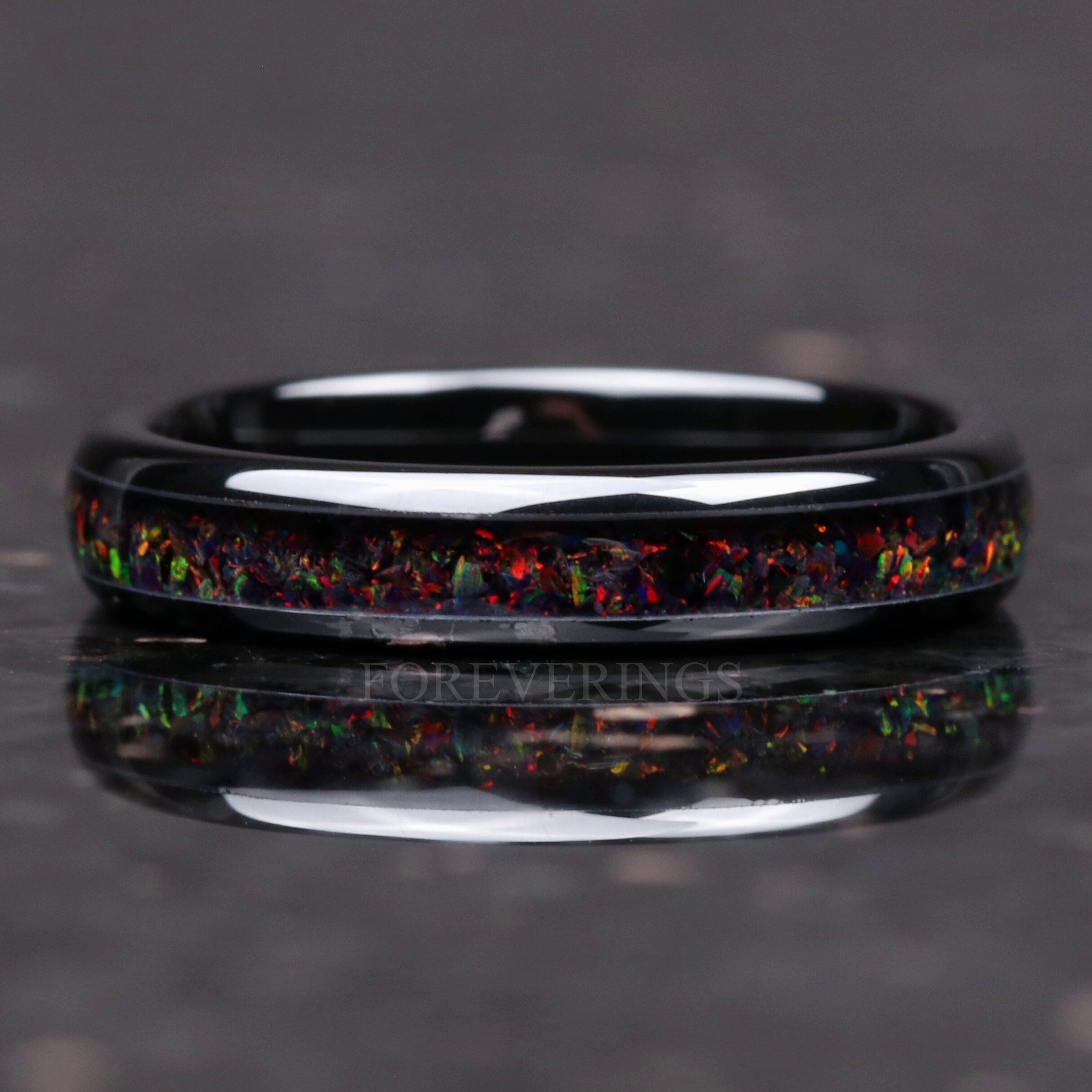 Crushed Black Fire Opal Ring, 4mm Black Ceramic Wedding Band, Women Men Ring, Black Opal Ring, Dome, Polish, Comfort Fit