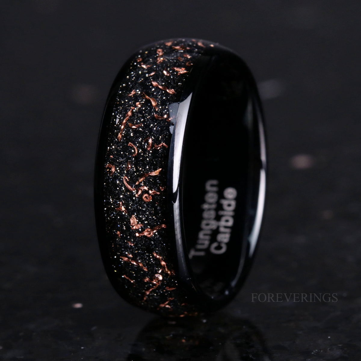 8mm Black Tungsten Ring, Black Dust Ring, Yellow Gold or Rose Gold Flake Ring, Men Wedding Band, Polished, Dome, Comfort Fit, Unique Ring
