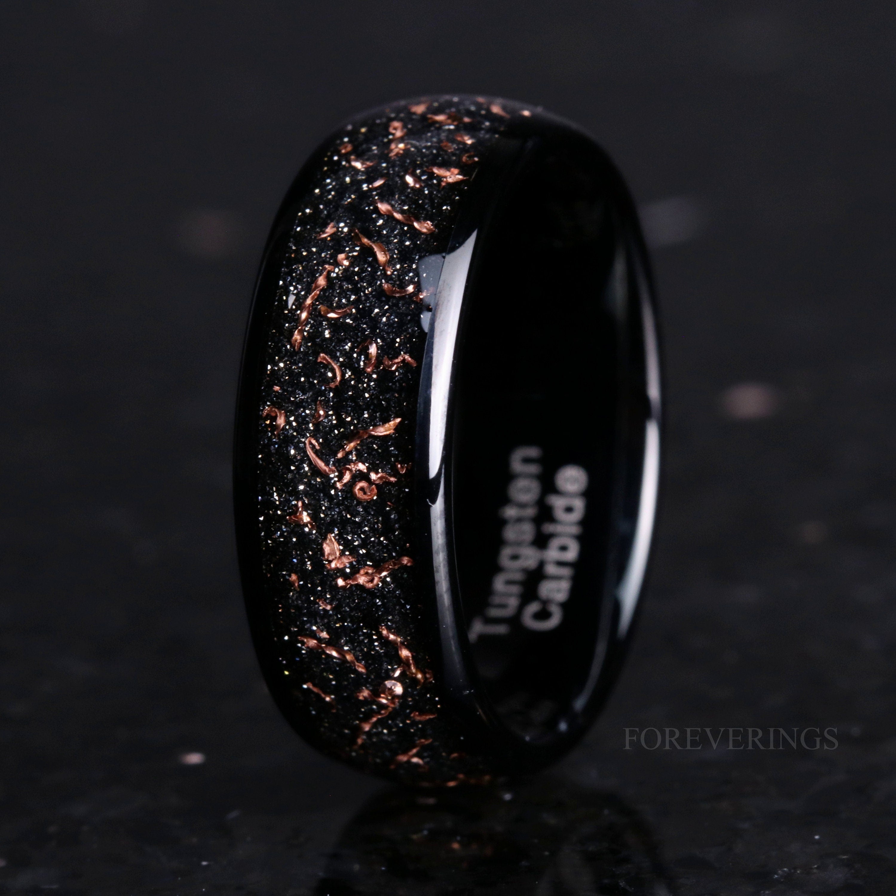 8mm Black Tungsten Ring, Black Dust Ring, Yellow Gold or Rose Gold Flake Ring, Men Wedding Band, Polished, Dome, Comfort Fit, Unique Ring